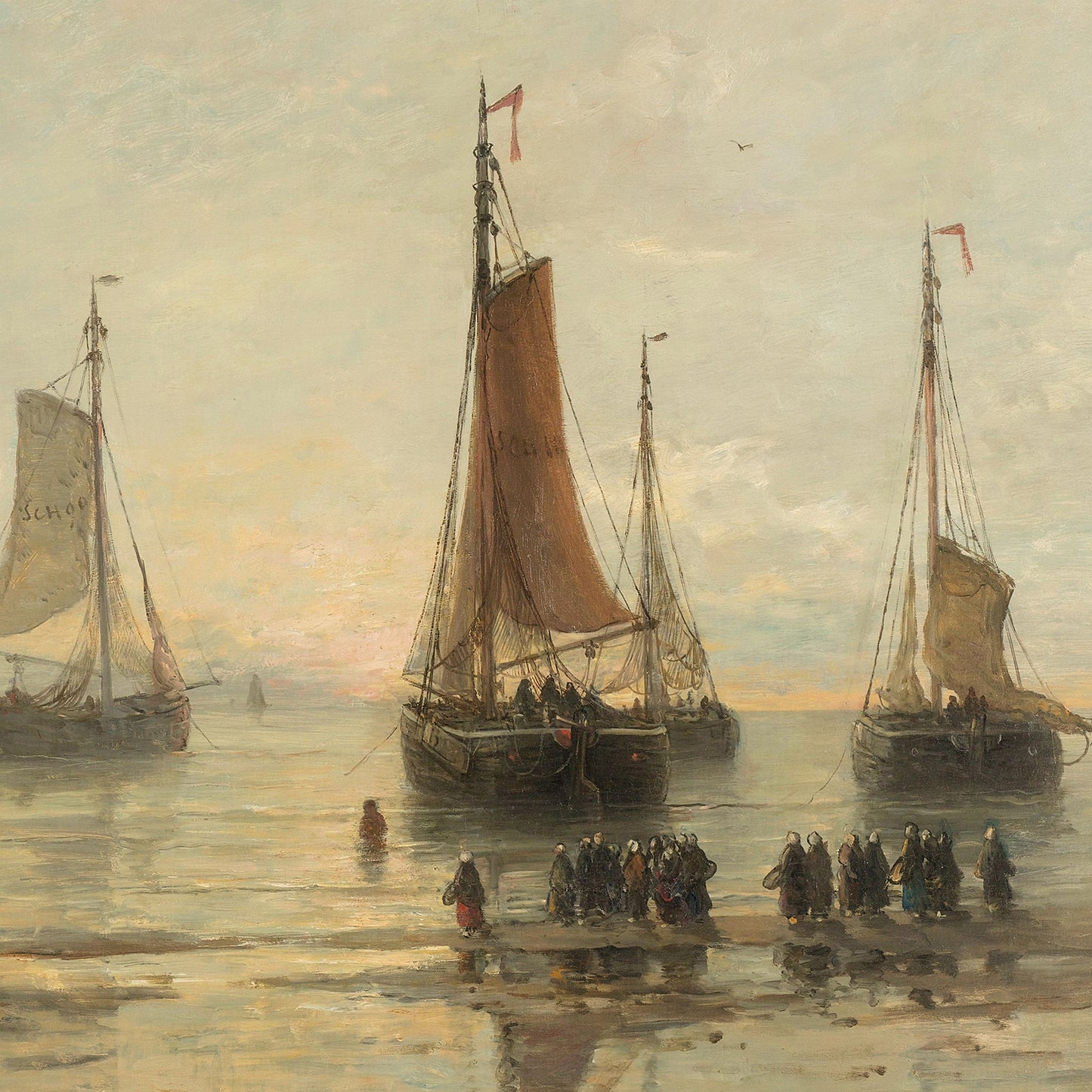 The painting "Return of the Fishing Fleet" by Hendrik Willem Mesdag portrays a tranquil marine landscape where three sailboats with red and white sails are anchored near the shore. Indistinct figures are grouped together at the water's edge under a pastel sky, seemingly awaiting the fleet's return.