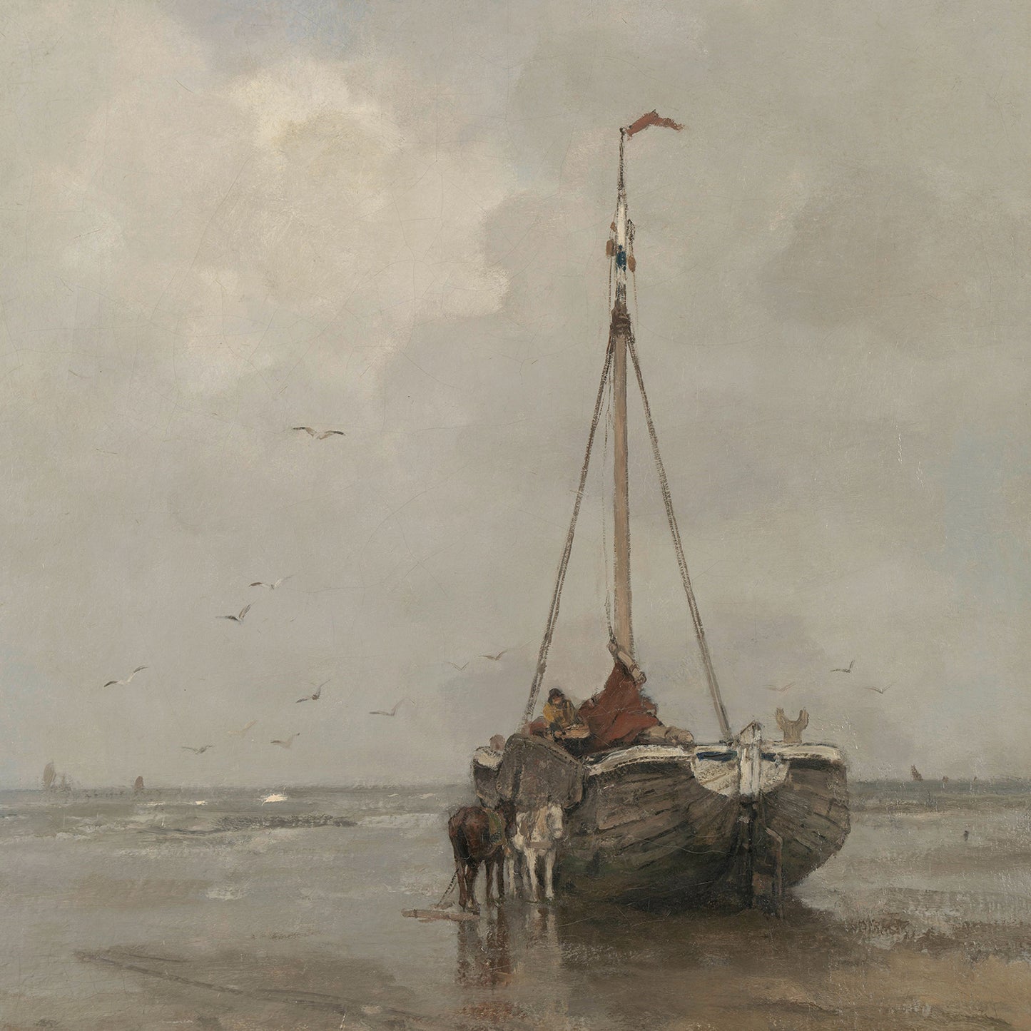 The Bluff-bowed Fishing Boat on the Beach at Scheveningen by Jacob Maris print captures a muted-toned scene of Dutch fishing life with an old wooden boat grounded on a shallow shore, accompanied by a few figures and two horses. Seagulls fly around, and distant ships are visible on the horizon under a cloudy sky—a perfect piece of rustic wall art.