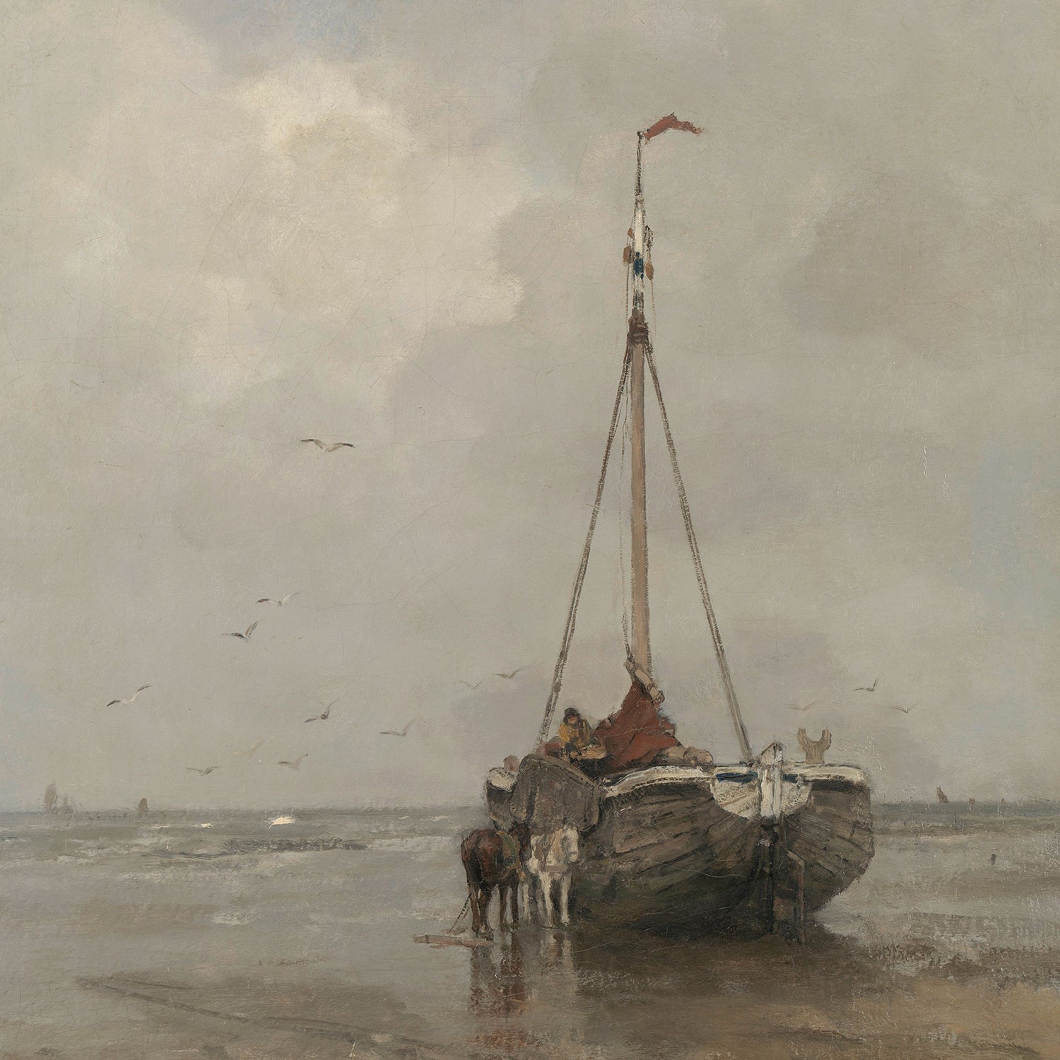 The Bluff-bowed Fishing Boat on the Beach at Scheveningen by Jacob Maris print captures a muted-toned scene of Dutch fishing life with an old wooden boat grounded on a shallow shore, accompanied by a few figures and two horses. Seagulls fly around, and distant ships are visible on the horizon under a cloudy sky—a perfect piece of rustic wall art.