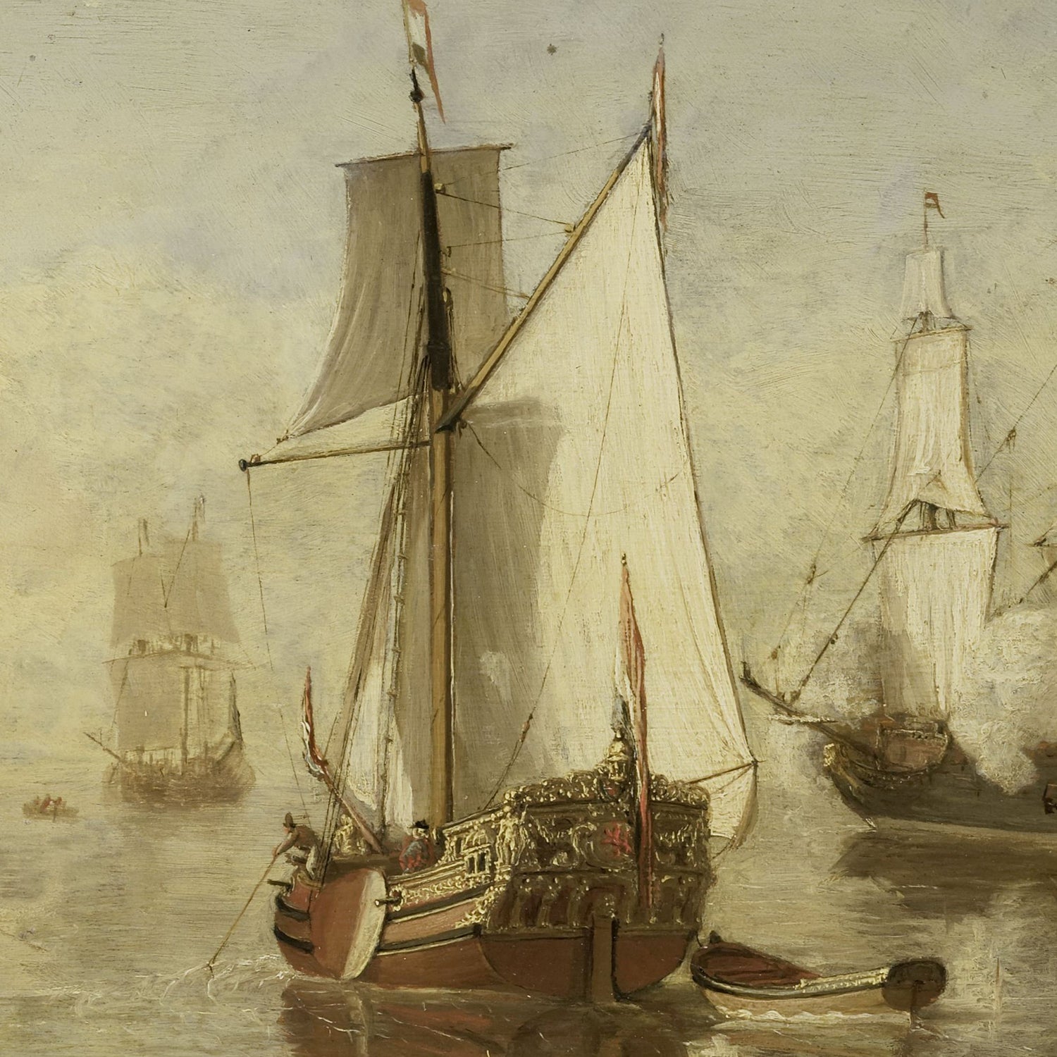 A "Pleasure Yacht and Warship Print" showcasing several sailing ships on a tranquil sea. The yacht in the foreground is adorned with intricate details, its white sails gracefully catching a light breeze. In the background, other vessels, including what seems to be a warship, are visible through a gentle haze under a soft, pastel sky.