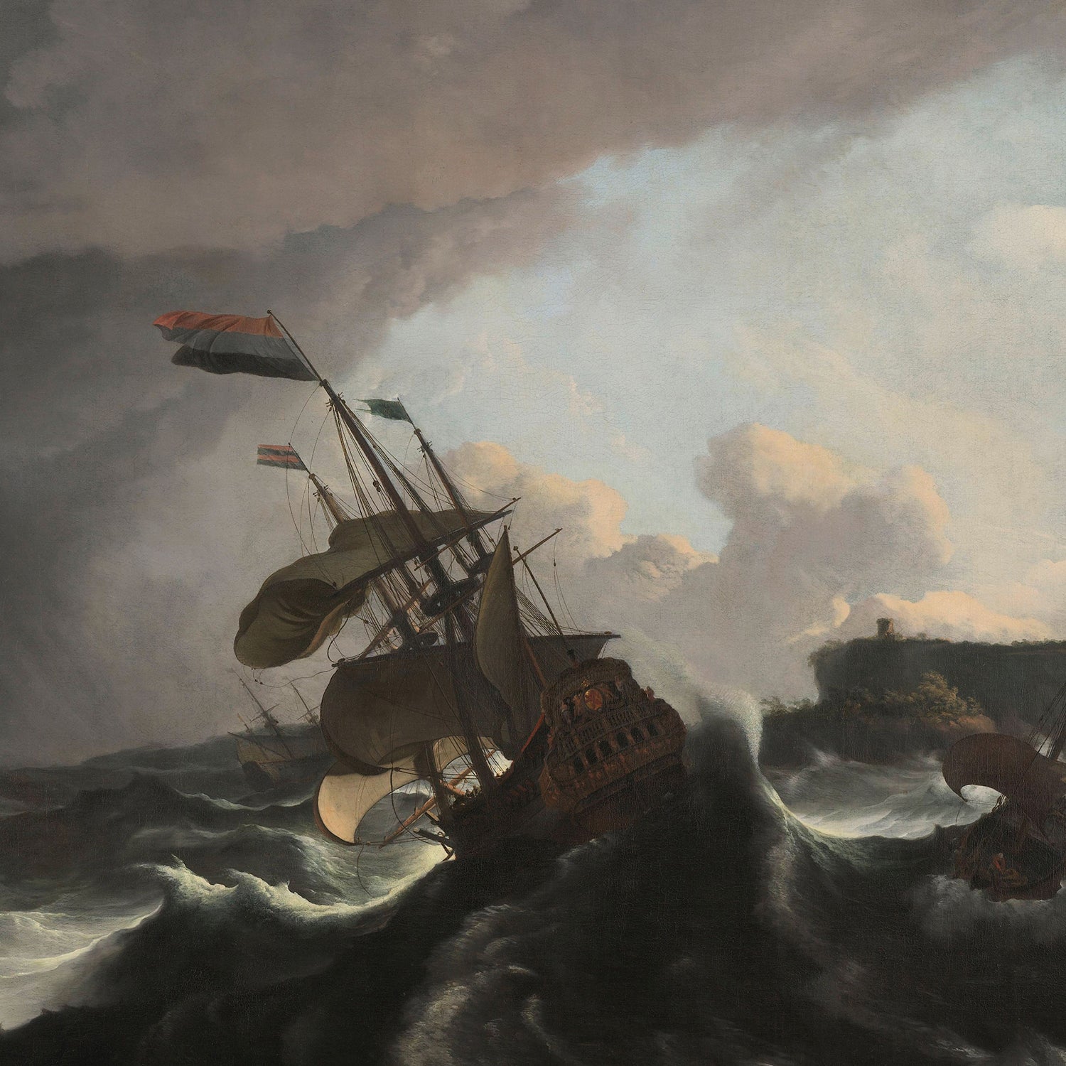 This dramatic maritime scene, titled "Warships in a Heavy Storm" by Ludolf Bakhuysen, depicts a historic sailing ship battling rough seas under a stormy sky. The ship's sails are battered by the wind, with another vessel visible in the background as dark clouds loom overhead, adding to the tension of this masterfully executed print.