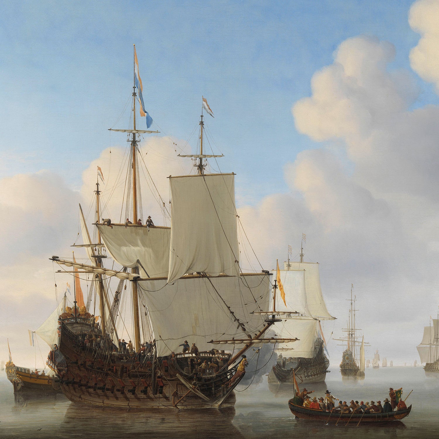 The painting "Dutch Ships in a Calm Sea by Willem van de Velde" features large sailing ships at sea with towering masts and billowing sails, characteristic of the artist's maritime art. Sailors are visible on the vessels, and a smaller rowboat with passengers and rowers is prominently set in the foreground against a blue sky with scattered clouds.