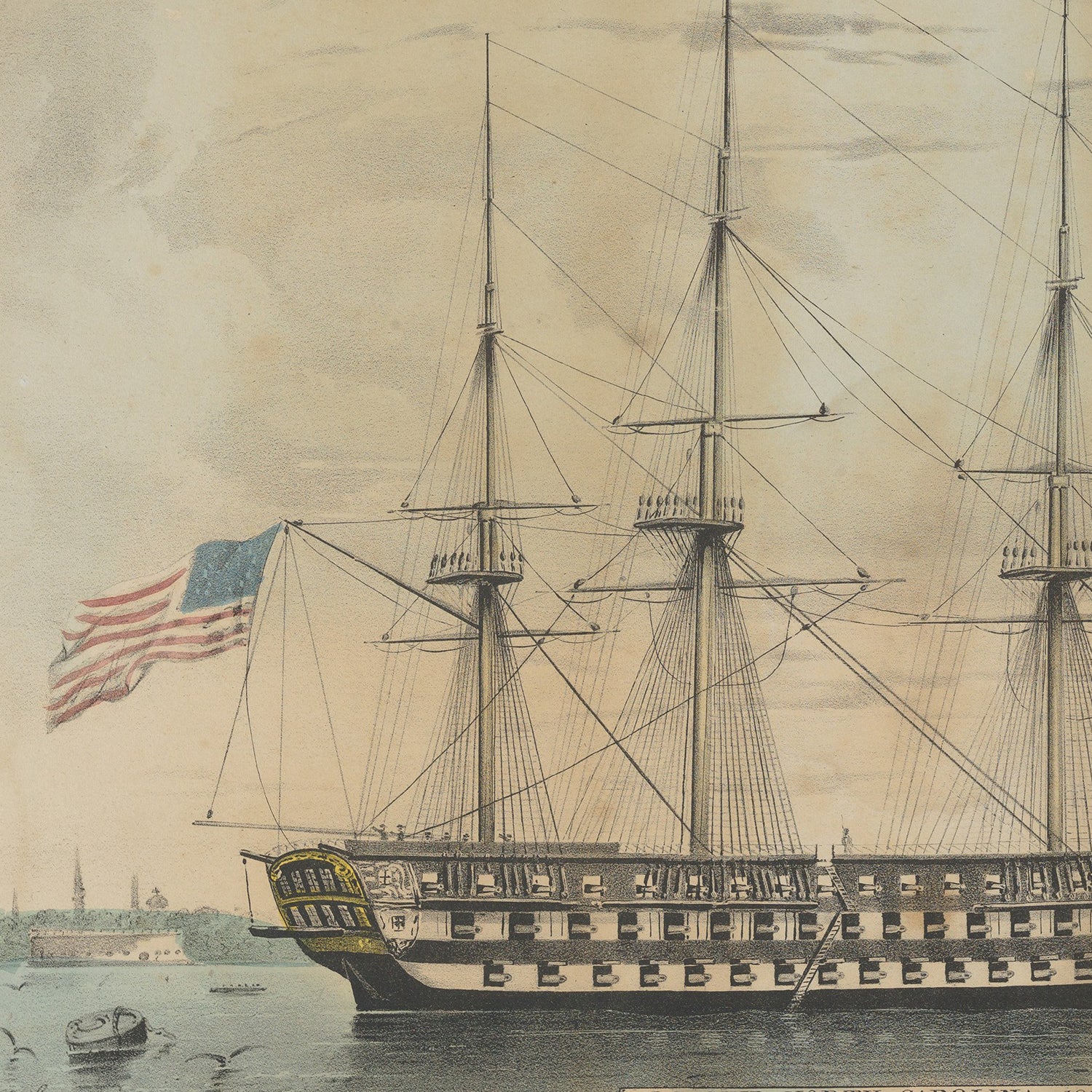 The vintage painting "U. S. Ship North Carolina" by Napoleon Sarony beautifully illustrates the large sailing ship with multiple masts and an American flag billowing at the stern. Smaller boats are visible in the water, and a coastal cityscape featuring buildings and a church steeple enhances the background—truly a treasure for enthusiasts of maritime history.