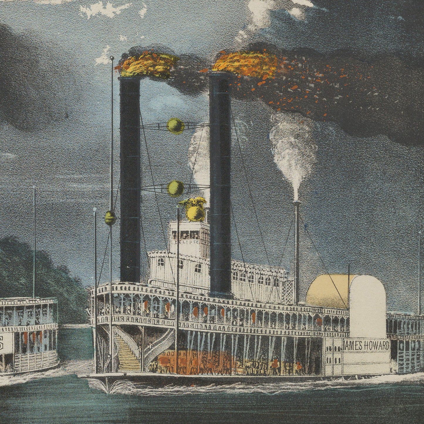 Historic illustration of the steamboat James Howard on a river. The boat has two tall smokestacks billowing smoke, multiple decks with visible railings, and a large sign bearing its name. Passengers are depicted on the decks, and a riverbank is visible in the background—a classic piece of riverboat wall art titled "A Midnight Race on the Mississippi by Fanny Palmer.