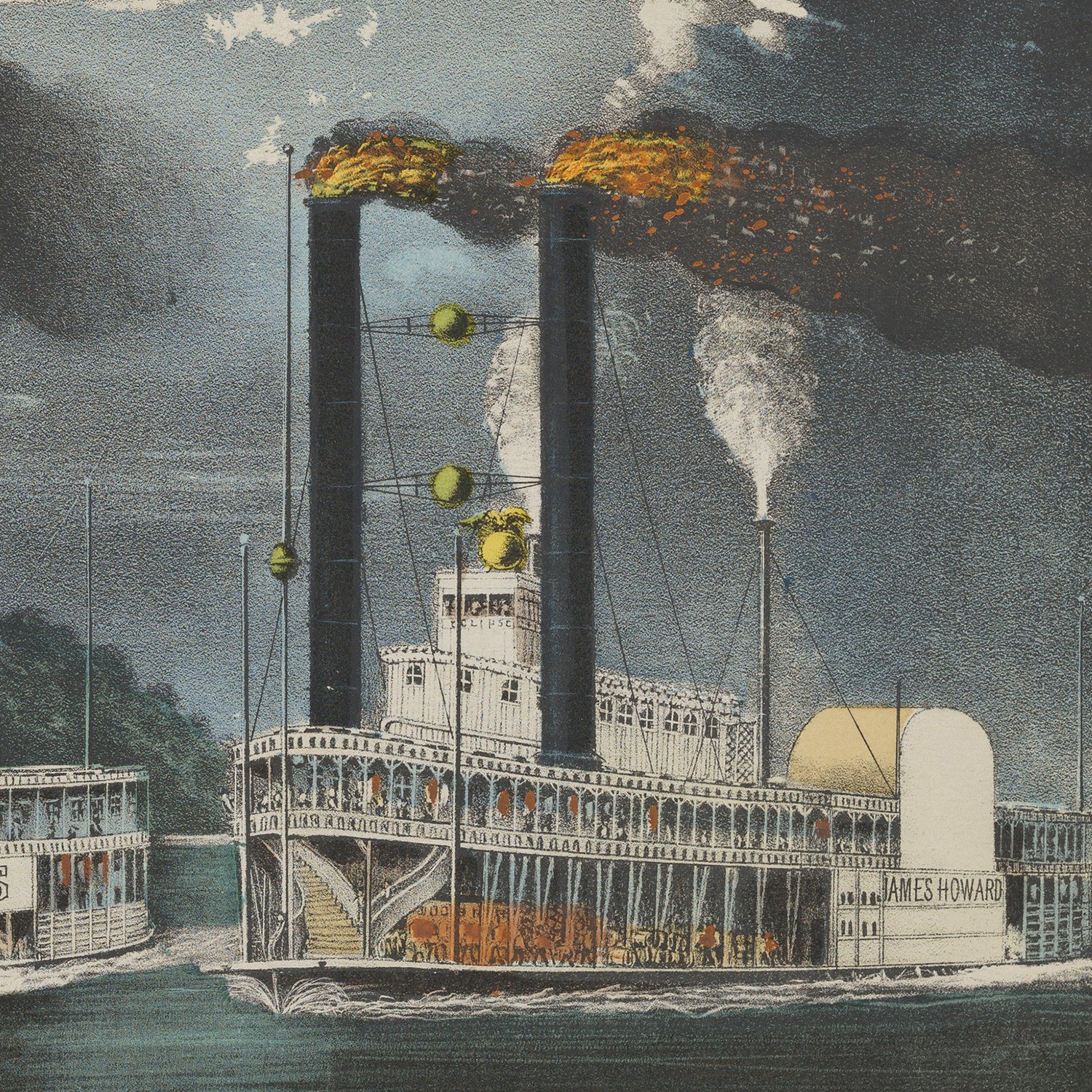 Historic illustration of the steamboat James Howard on a river. The boat has two tall smokestacks billowing smoke, multiple decks with visible railings, and a large sign bearing its name. Passengers are depicted on the decks, and a riverbank is visible in the background—a classic piece of riverboat wall art titled "A Midnight Race on the Mississippi by Fanny Palmer.