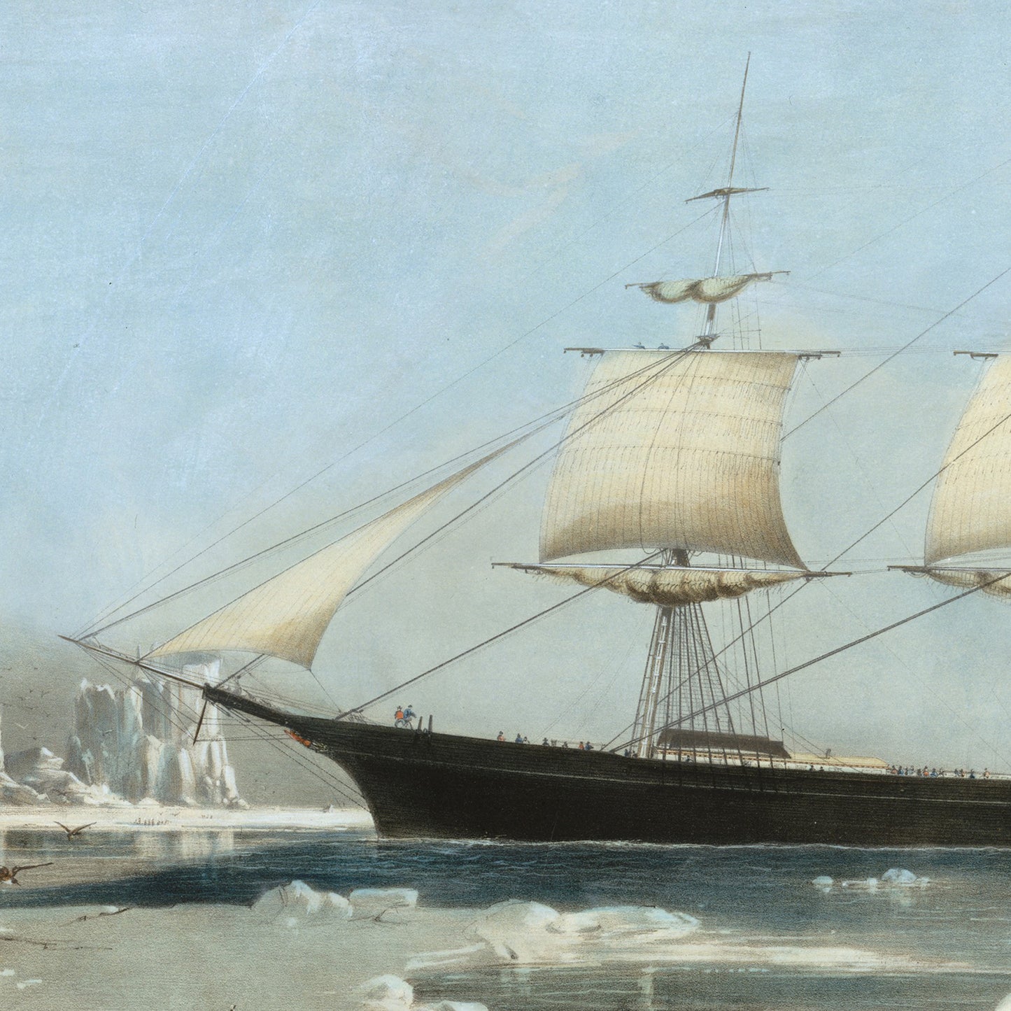 The painting titled "Clipper Ship 'Red Jacket' In the Ice off Cape Horn" by Charles Parsons portrays the majestic Clipper Ship Red Jacket navigating through icy waters near an iceberg. This maritime masterpiece captures the ship with its multiple masts and large sails billowing in the wind as it cuts through a serene, frigid environment. Seagulls soar overhead, while a small boat can be seen to the left beneath a clear sky.