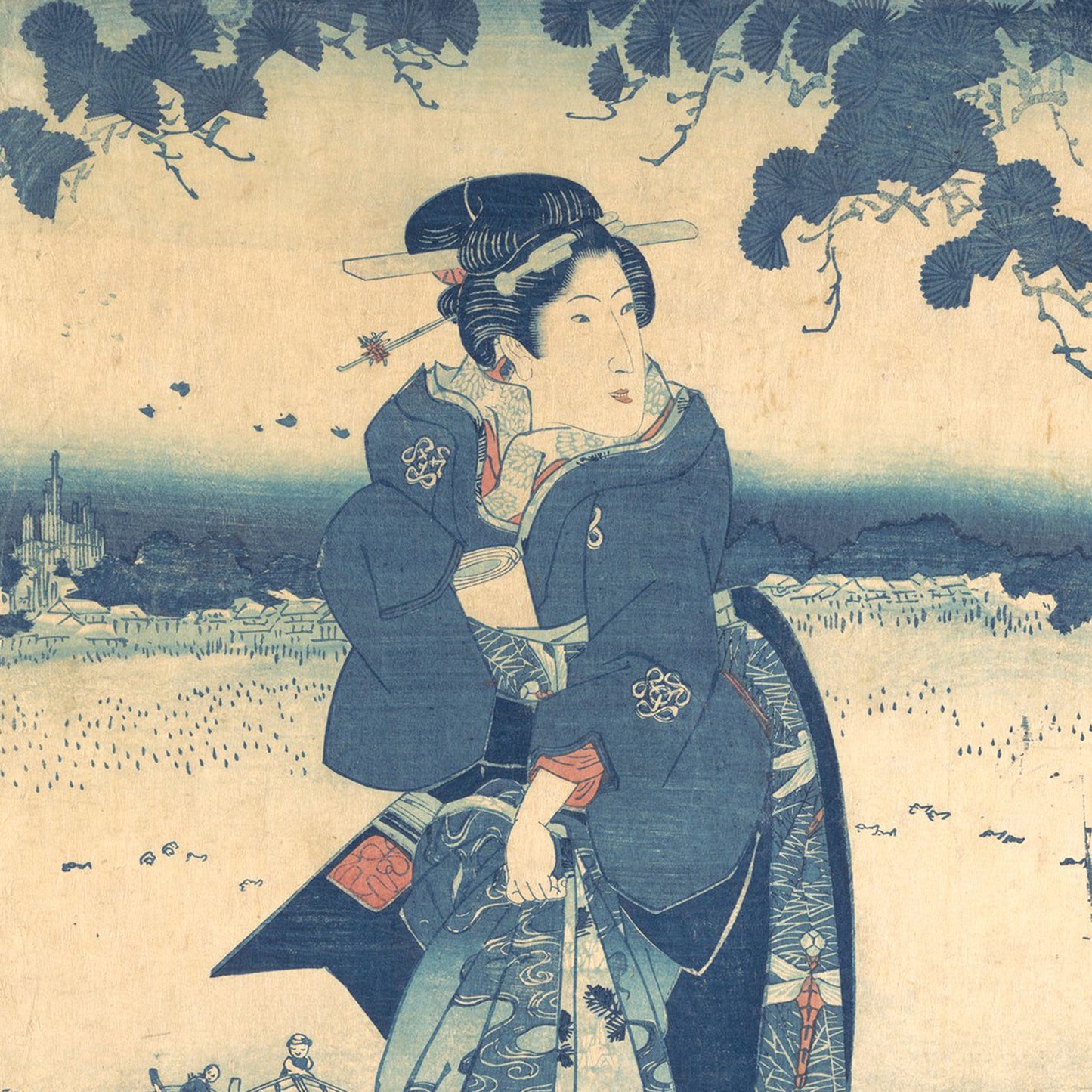 A traditional Japanese ukiyo-e woodblock print titled "A Portrait of a Beauty by Utagawa Kuniyoshi," showcases an Edo period beauty in a blue kimono adorned with intricate patterns. She is holding a sword and standing under tree branches with sparse leaves, against the backdrop of a distant village and a field of flowers, evoking the masterful touch of Utagawa Kuniyoshi.