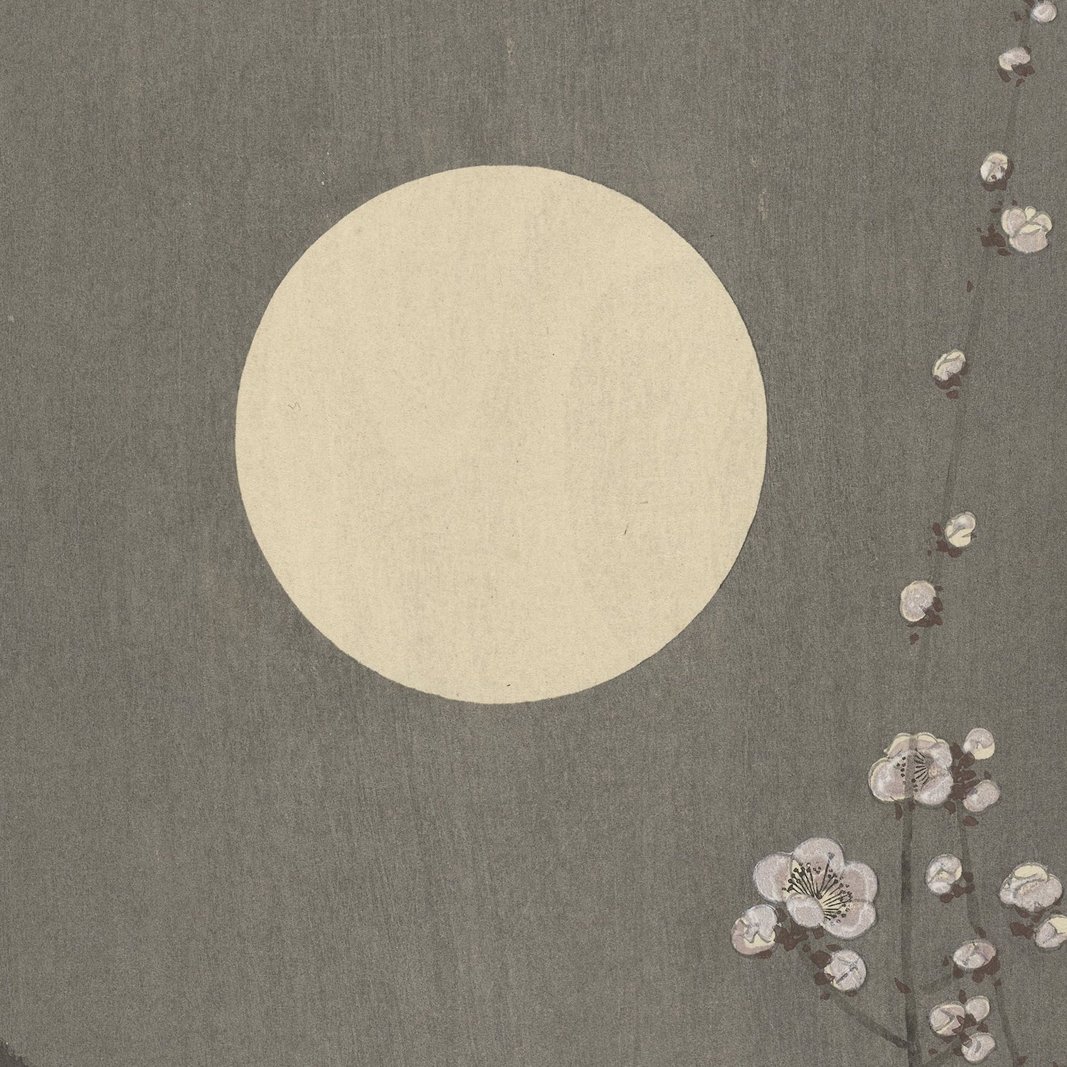 Blooming plum blossom at full moon by Ohara Koson showcases minimalist artwork with a large, pale circular moon set against a muted gray-green background. Delicate white plum blossoms with small buds adorn slender branches to the right, evoking the elegance of Japanese art prints.