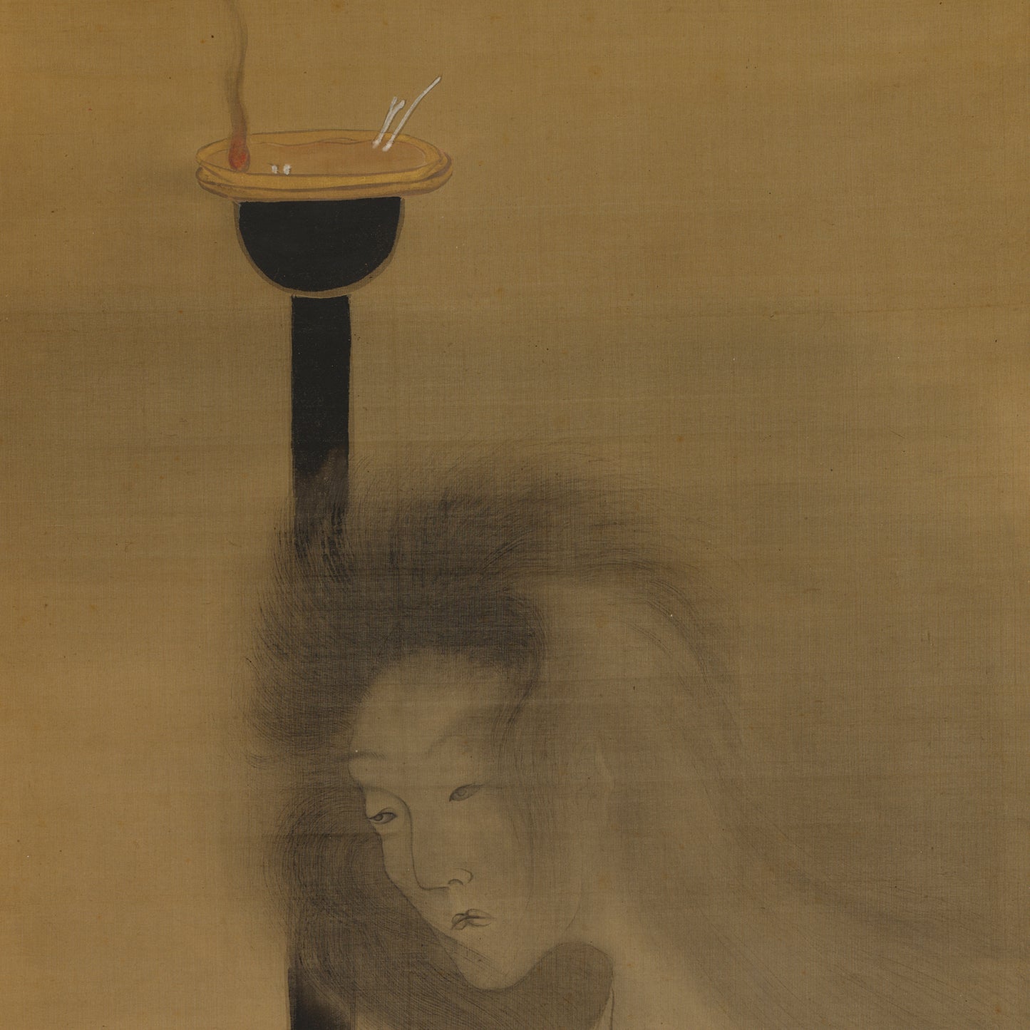 A ghostly, pale figure with long, flowing hair and a sorrowful expression emerges from the darkness beneath a black post. Atop the post, reminiscent of Tani Bun'ichi's classic "Ghost and Oil Lamp" depictions from Japanese folklore, a dish containing a red substance and two upright chopsticks emits a wisp of smoke against a muted, beige background.