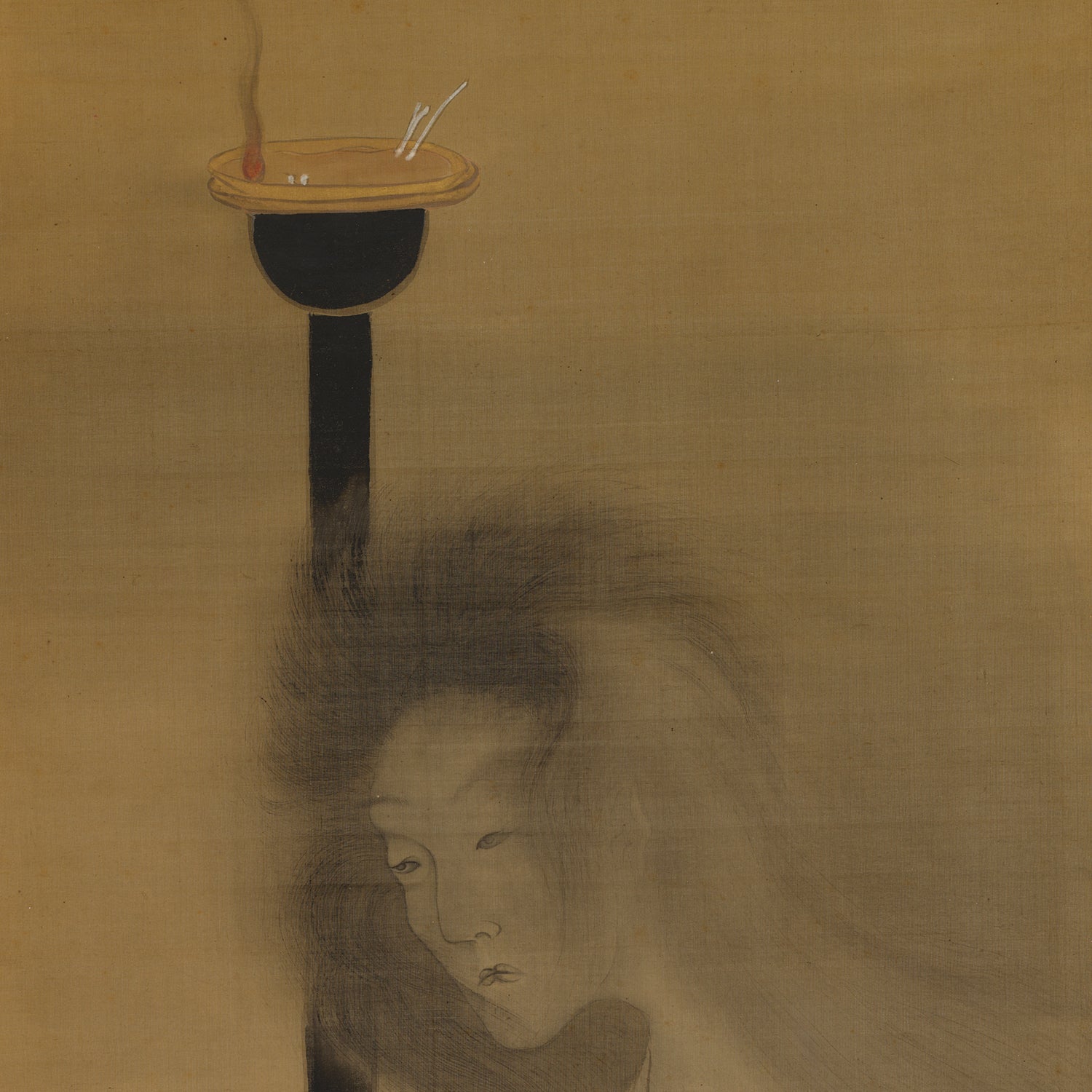 A ghostly, pale figure with long, flowing hair and a sorrowful expression emerges from the darkness beneath a black post. Atop the post, reminiscent of Tani Bun'ichi's classic "Ghost and Oil Lamp" depictions from Japanese folklore, a dish containing a red substance and two upright chopsticks emits a wisp of smoke against a muted, beige background.