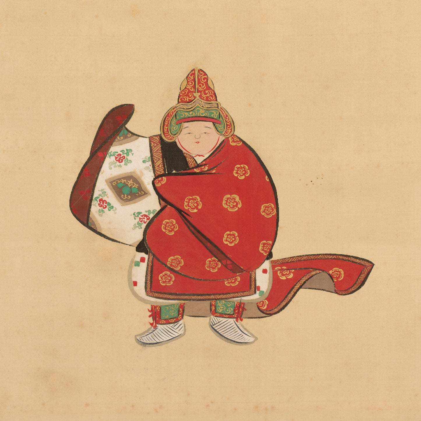 The Bugaku Dancer by Kamisaka Sekka Print features a traditional Japanese painting reminiscent of Sekka's style, showcasing a dancer in elaborately patterned red and white attire, including a hat with intricate designs. The dancer holds a large, decorated fan or piece of cloth and has a serene expression.
