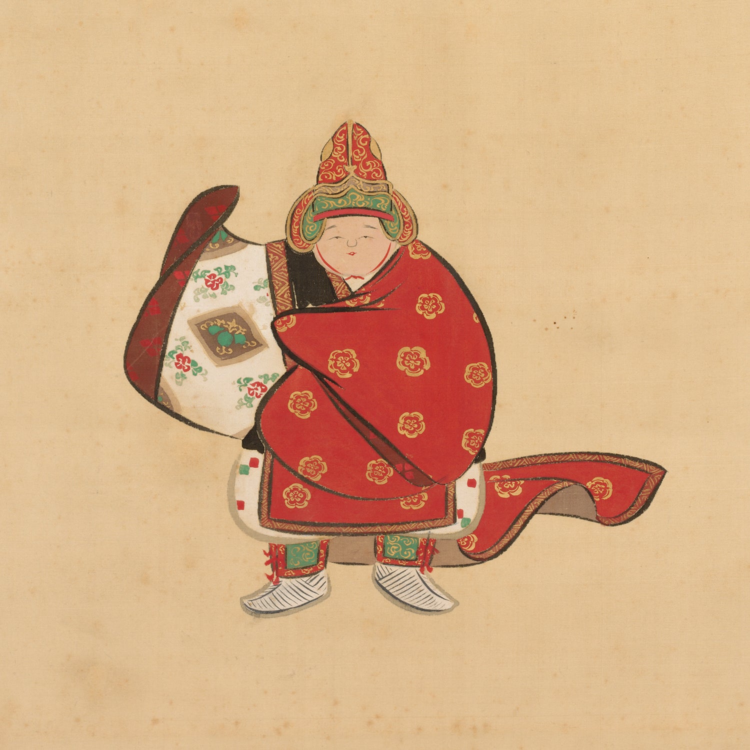 The Bugaku Dancer by Kamisaka Sekka Print features a traditional Japanese painting reminiscent of Sekka's style, showcasing a dancer in elaborately patterned red and white attire, including a hat with intricate designs. The dancer holds a large, decorated fan or piece of cloth and has a serene expression.