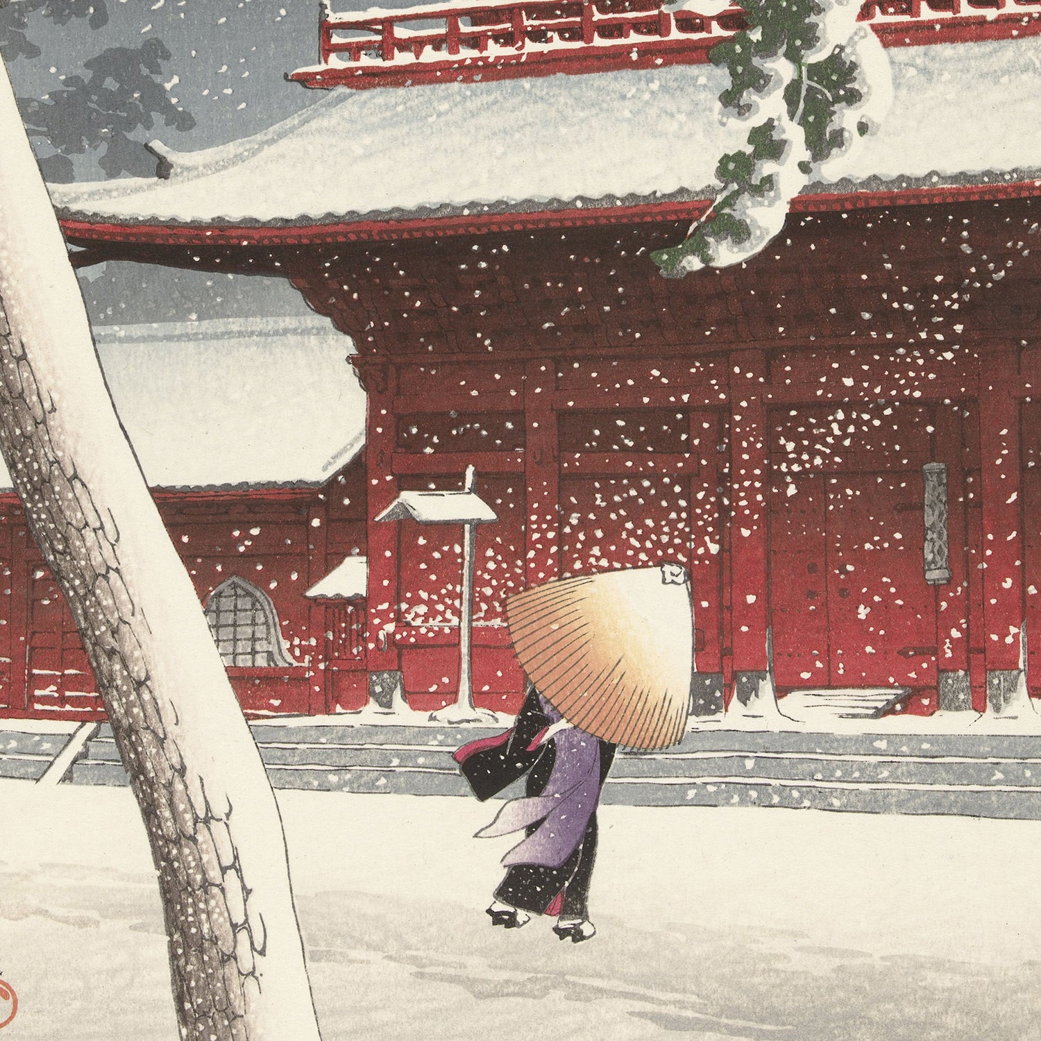 A person in traditional Japanese attire and a large straw hat walks through falling snow in front of the red temple building depicted in "Twenty Views of Tokyo by Shiba ZojoTemple." The ground and roof are blanketed with snow, and a tree trunk stands visible on the left. This serene scene echoes classic Japanese wall art, capturing timeless beauty.