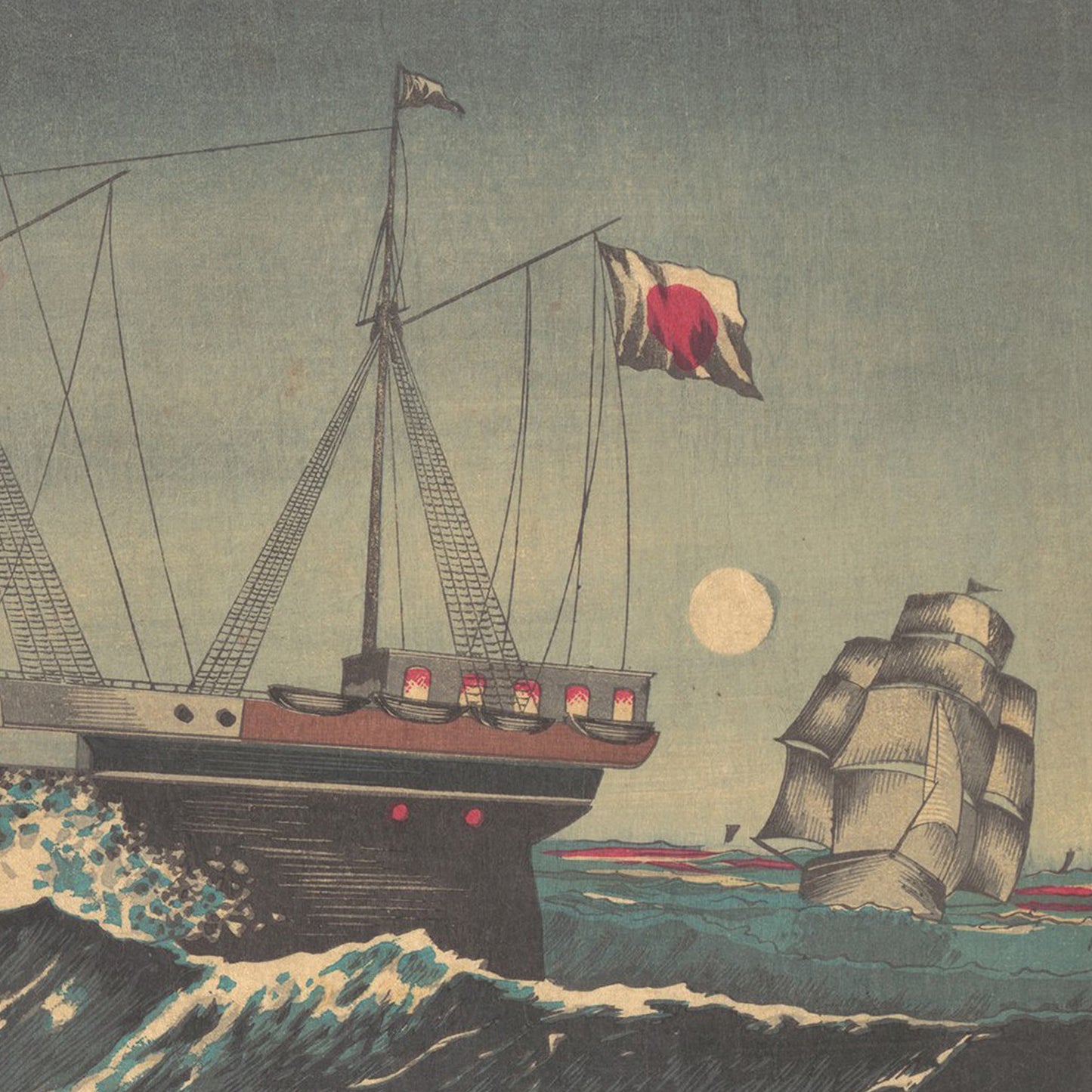 The artwork, titled "Fuji with Boat at Miho in Sunshu (Shizuoka)" by Kobayashi Kiyochika, depicts a sea scene featuring two sailing ships, one bearing a Japanese flag adorned with a red circle. The ocean is shown with cresting waves, while the moody sky above—with its varying shades—suggests twilight or dawn. This piece evokes the classic style of a Japanese woodblock print by the renowned artist Kobayashi Kiyochika.