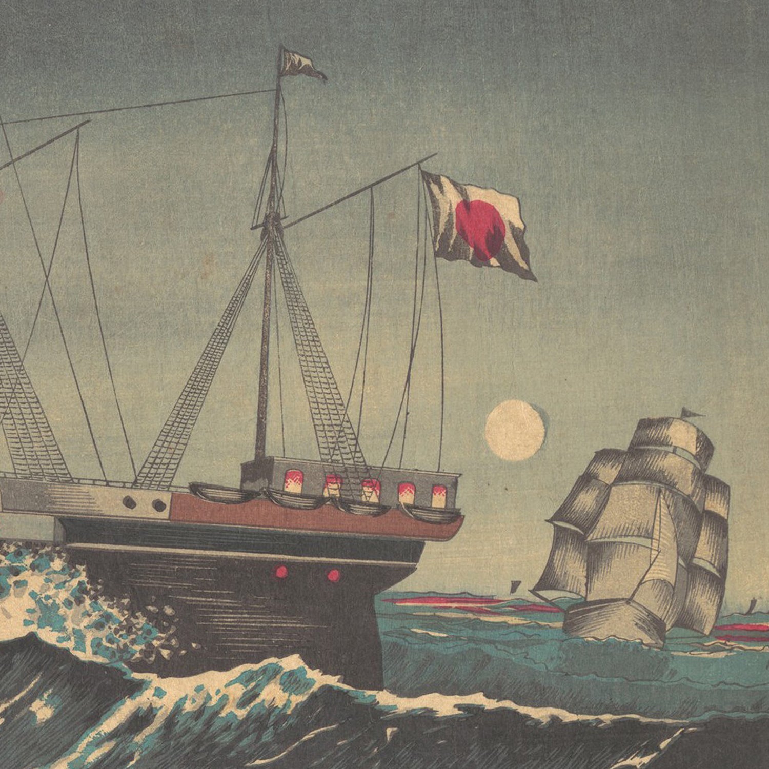 The artwork, titled "Fuji with Boat at Miho in Sunshu (Shizuoka)" by Kobayashi Kiyochika, depicts a sea scene featuring two sailing ships, one bearing a Japanese flag adorned with a red circle. The ocean is shown with cresting waves, while the moody sky above—with its varying shades—suggests twilight or dawn. This piece evokes the classic style of a Japanese woodblock print by the renowned artist Kobayashi Kiyochika.