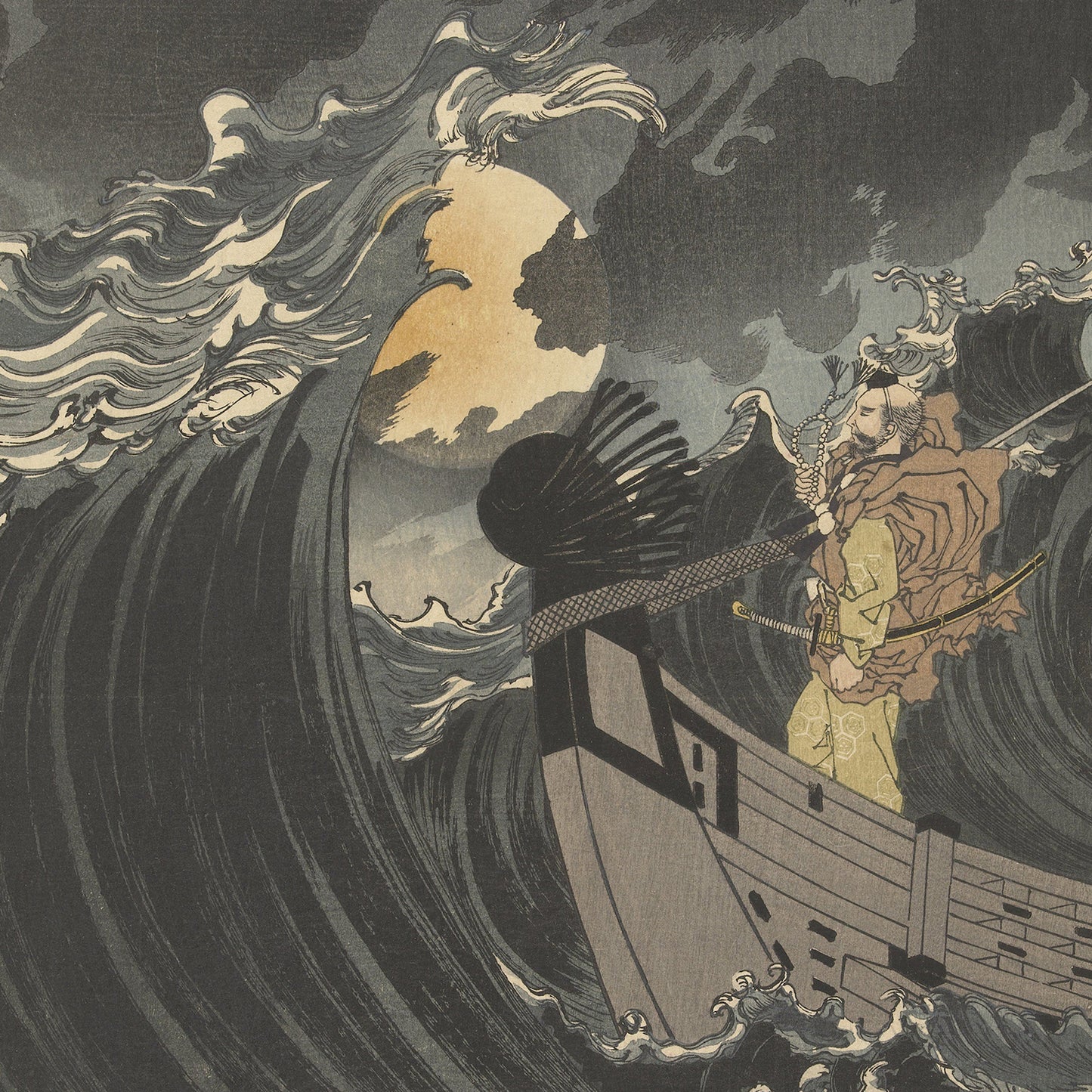 The artwork "Moon Above the Sea at Daimotsu Bay" by Yoshitoshi features a man in traditional clothing standing on the bow of a boat amidst turbulent waves, with a looming moon behind stormy clouds. Gripping a staff, he gazes forward, showcasing resolve against the dramatic, swirling sea in the classic Ukiyo-e tradition.