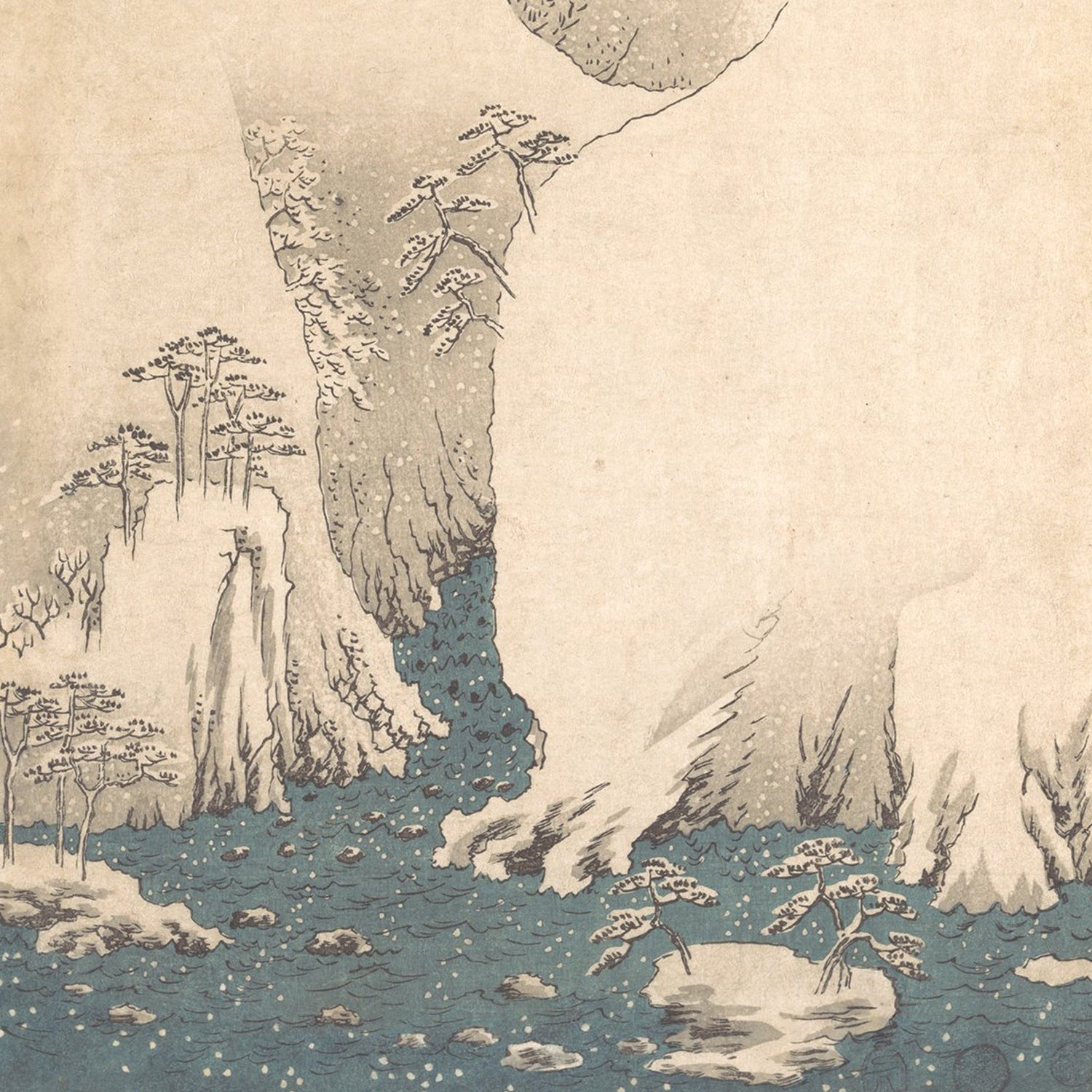Mountain and River on the Kiso Road (Kisoji no yamakawa) by Utagawa Hiroshige beautifully captures a serene winter landscape featuring a flowing river framed by snowy cliffs and barren trees. The pale sky and minimalist, delicate style evoke the essence of traditional Japanese landscapes, highlighting the cold and tranquil atmosphere of the scene.