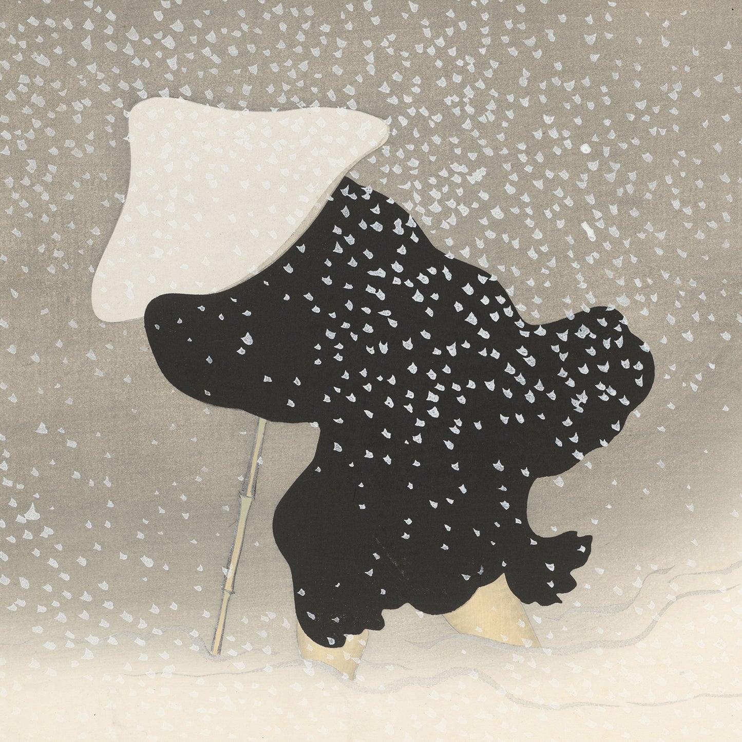 A stylized depiction of a figure wearing a black cloak and a large white hat, walking through swirling snow, as illustrated in Kamisaka Sekka's "Flowers of a Hundred Worlds (Momoyogusa): Swirling Snow (Tomoe no yuki)." The snowflakes, represented as small white shapes against a grey and beige background, evoke a sense of movement and cold atmosphere characteristic of Sekka's work.