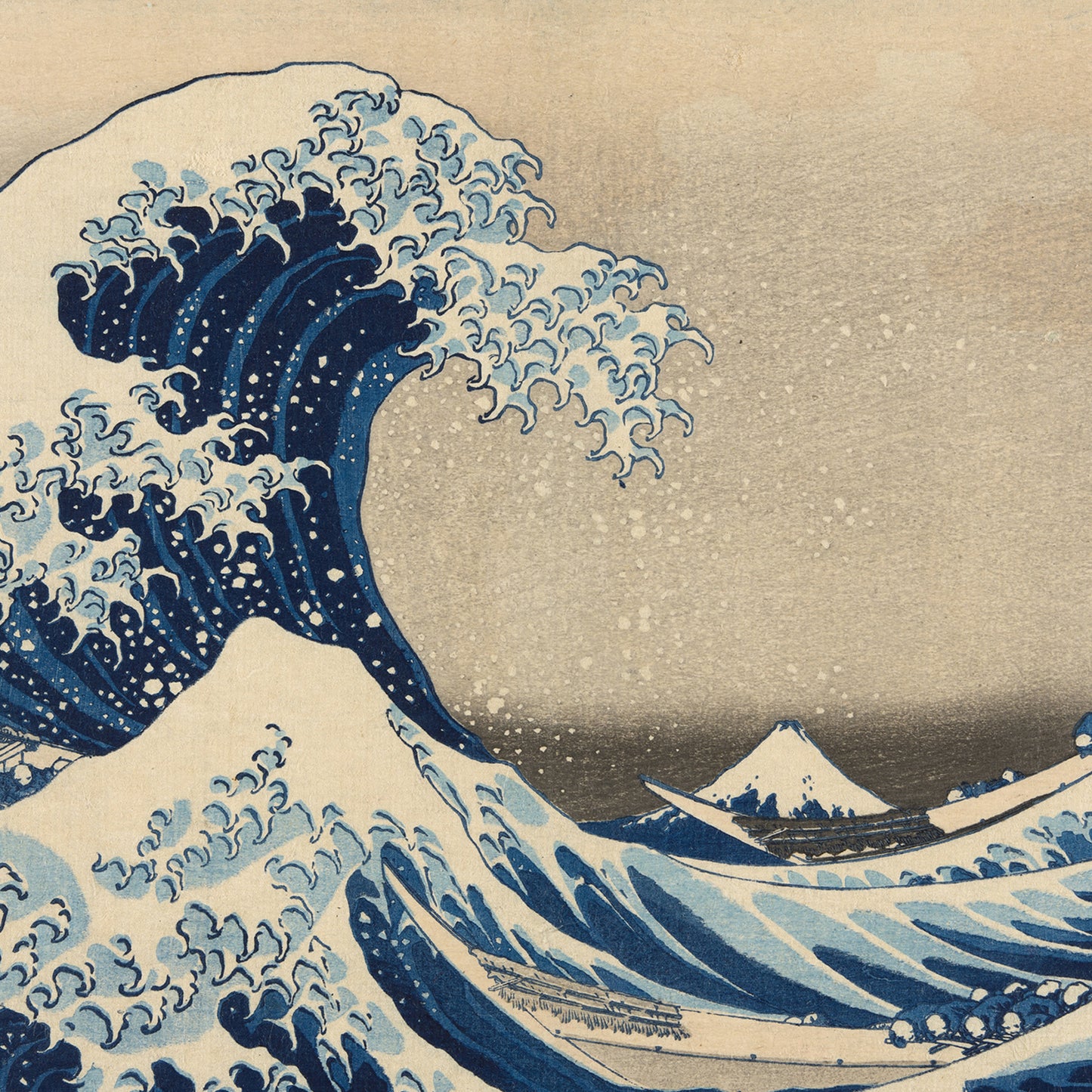 The Great Wave off Kanagawa" by Katsushika Hokusai is a traditional Japanese woodblock print that portrays a massive, dramatic blue wave towering over a small boat with rowers. Mount Fuji can be seen in the background beneath a gray sky. The wave features intricate detailing with white crests and deep blue contrasts.