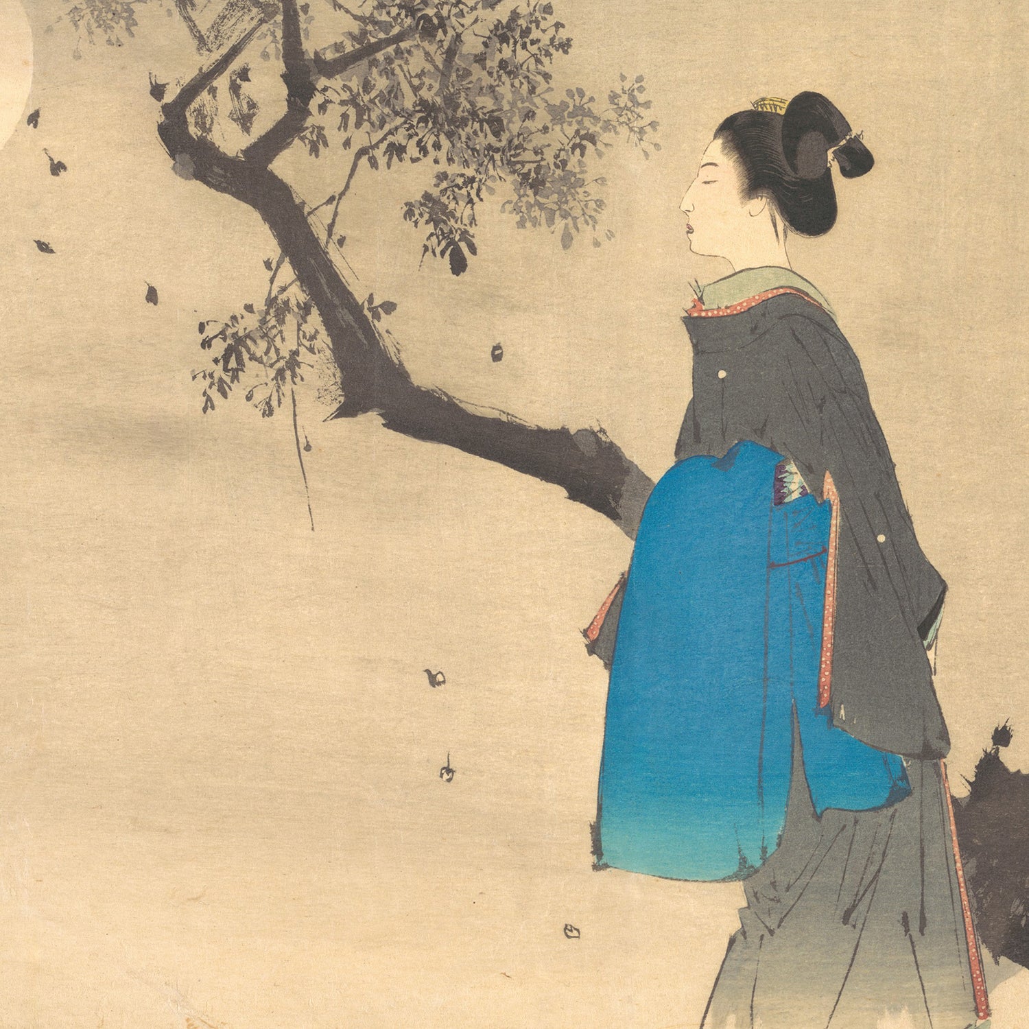 A graceful woman in traditional Japanese attire is depicted walking under a tree with falling leaves in the "View of a Woman in the Moonlight" print. Her kimono transitions from blue to green, complementing the serene, muted background. This exquisite piece of wall art evokes a peaceful, autumnal atmosphere.