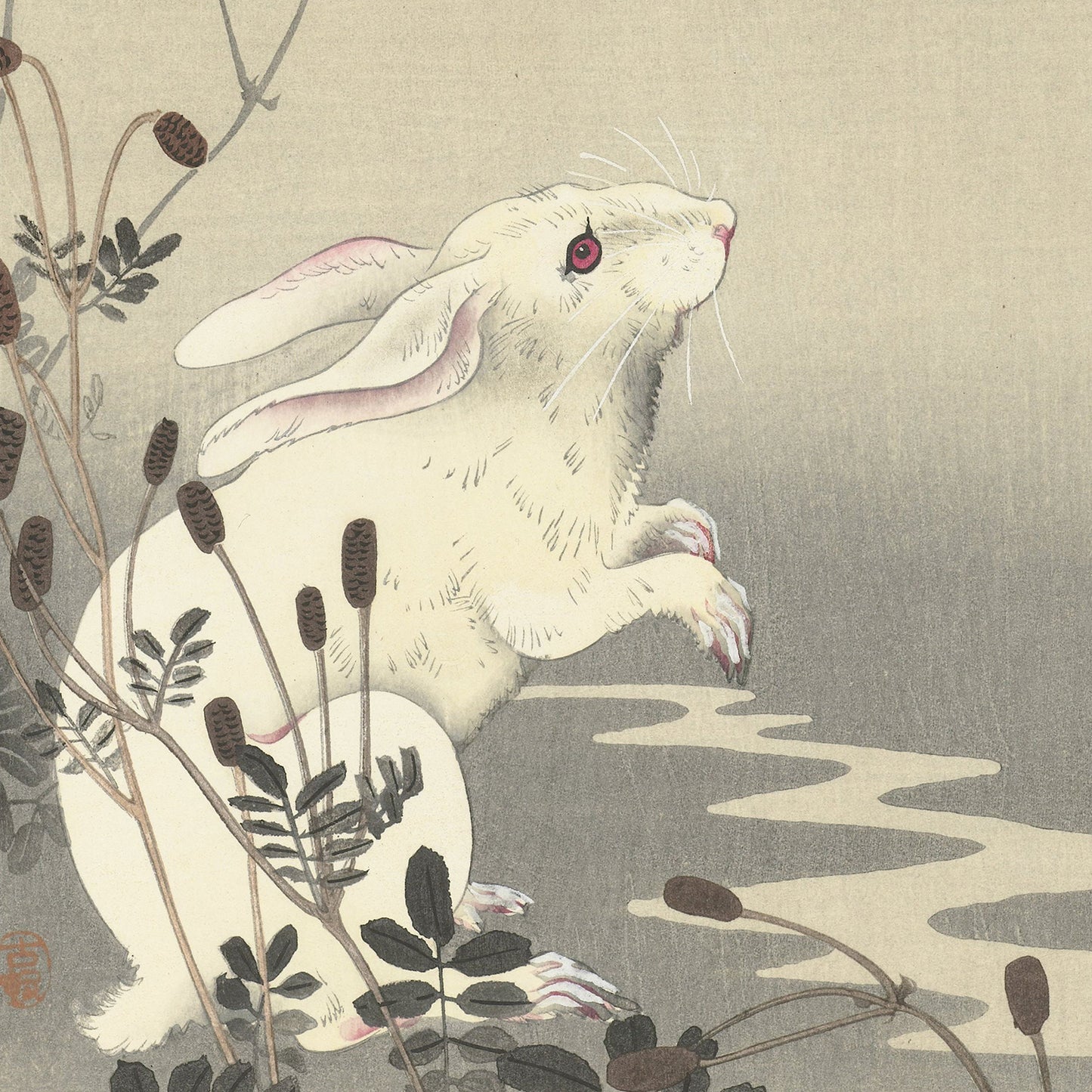 The vintage Japanese illustration "Rabbit at Full Moon" by Ohara Koson depicts a white rabbit with pink-tinged ears and a red eye, standing on its hind legs next to water. The background features dried plants and grasses, evoking the traditional Japanese art style of woodblock prints.