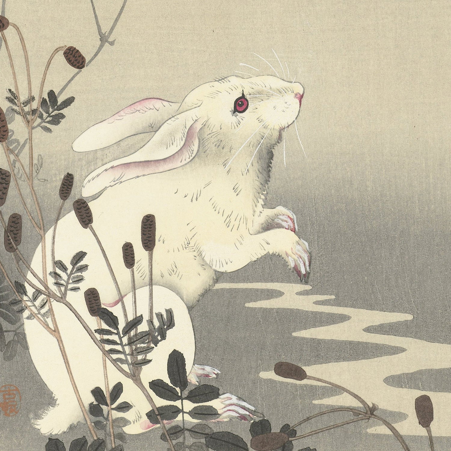 The vintage Japanese illustration "Rabbit at Full Moon" by Ohara Koson depicts a white rabbit with pink-tinged ears and a red eye, standing on its hind legs next to water. The background features dried plants and grasses, evoking the traditional Japanese art style of woodblock prints.