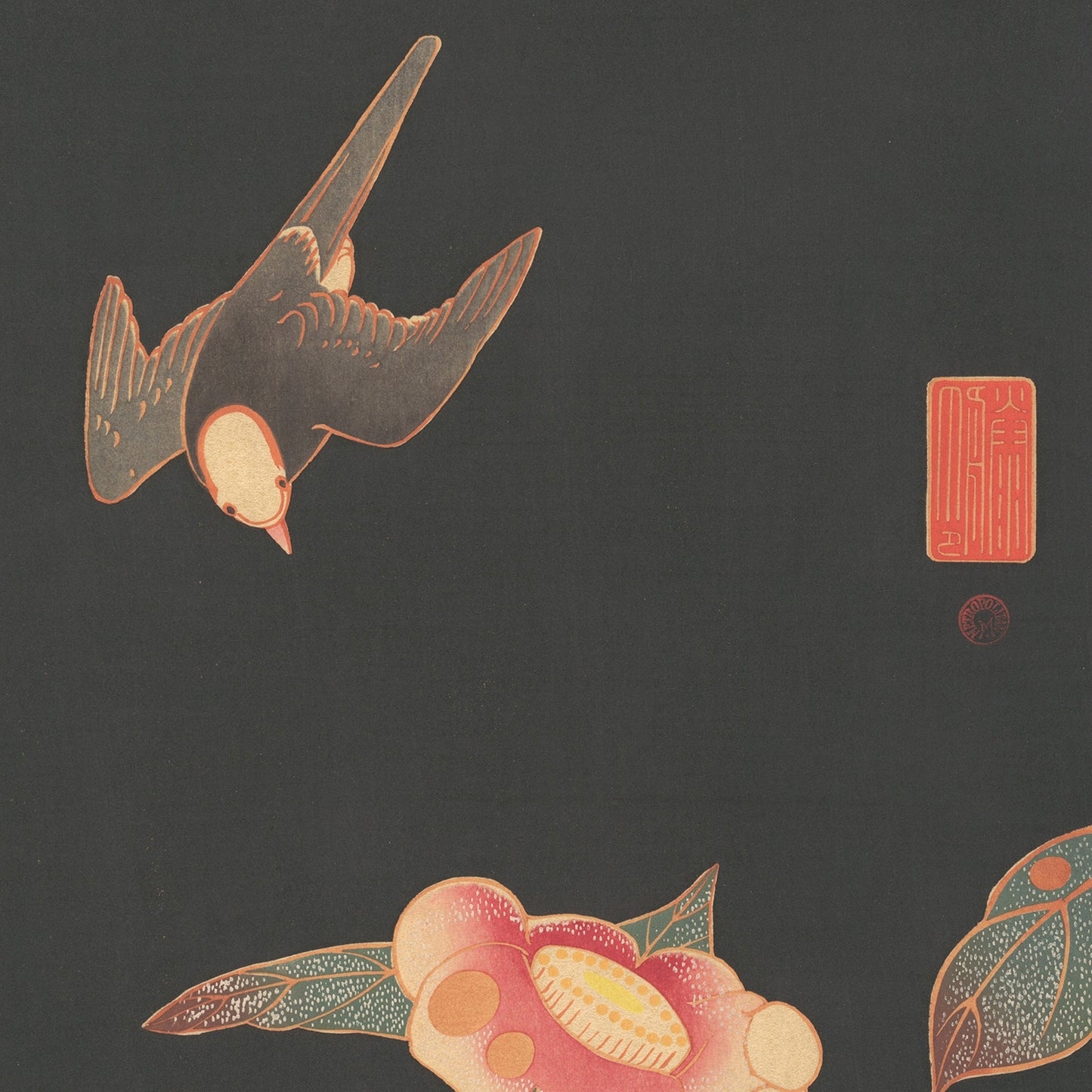 Swallow and Camellia by Ito Jakuchu features a stylized bird with detailed feather patterns hovering above vibrant, illustrated flowers. The background is a deep, solid color, evocative of Jakuchu's renowned Japanese art. This elegant wall art includes delicate golden and red accents and a traditional red seal in the upper right corner.
