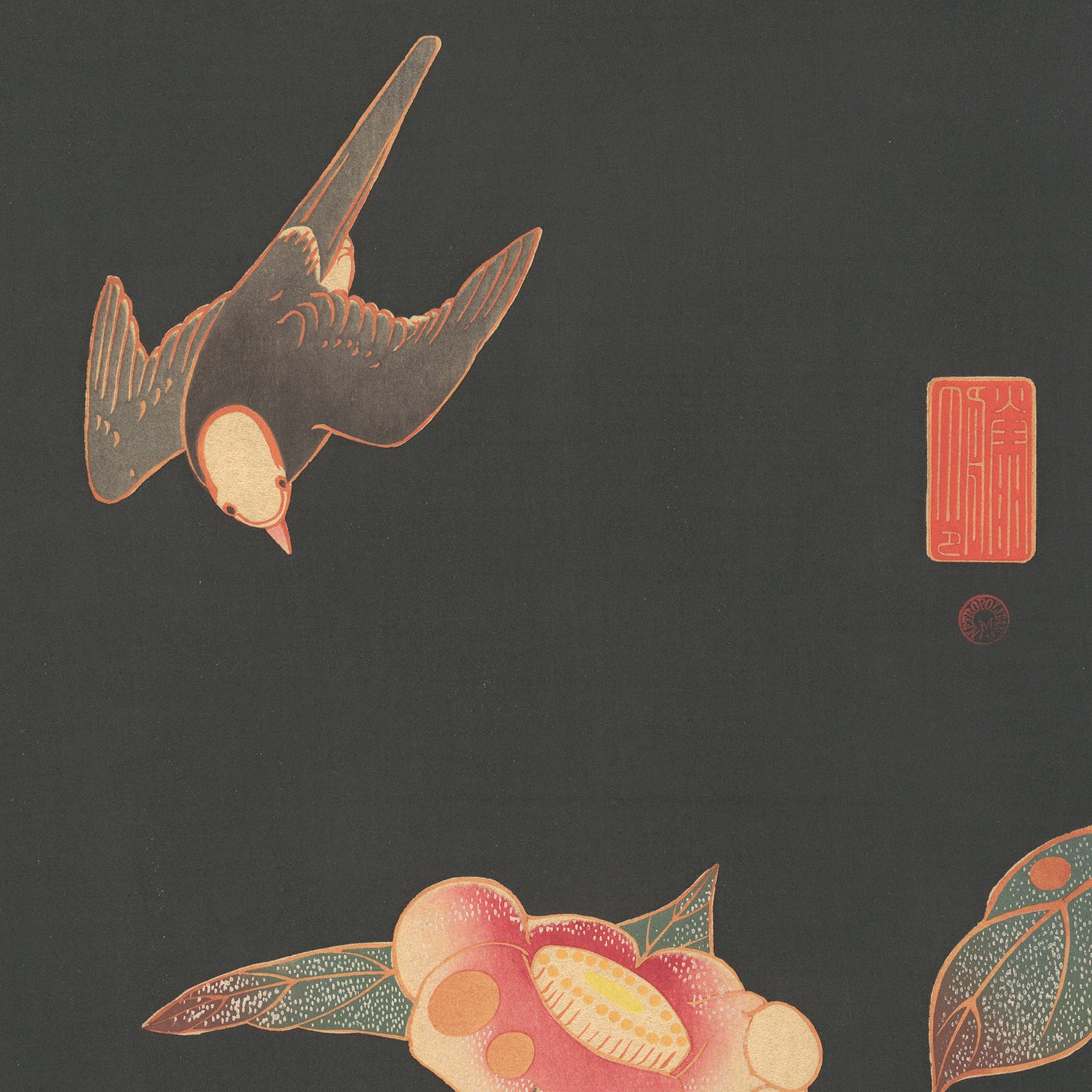 Swallow and Camellia by Ito Jakuchu features a stylized bird with detailed feather patterns hovering above vibrant, illustrated flowers. The background is a deep, solid color, evocative of Jakuchu's renowned Japanese art. This elegant wall art includes delicate golden and red accents and a traditional red seal in the upper right corner.