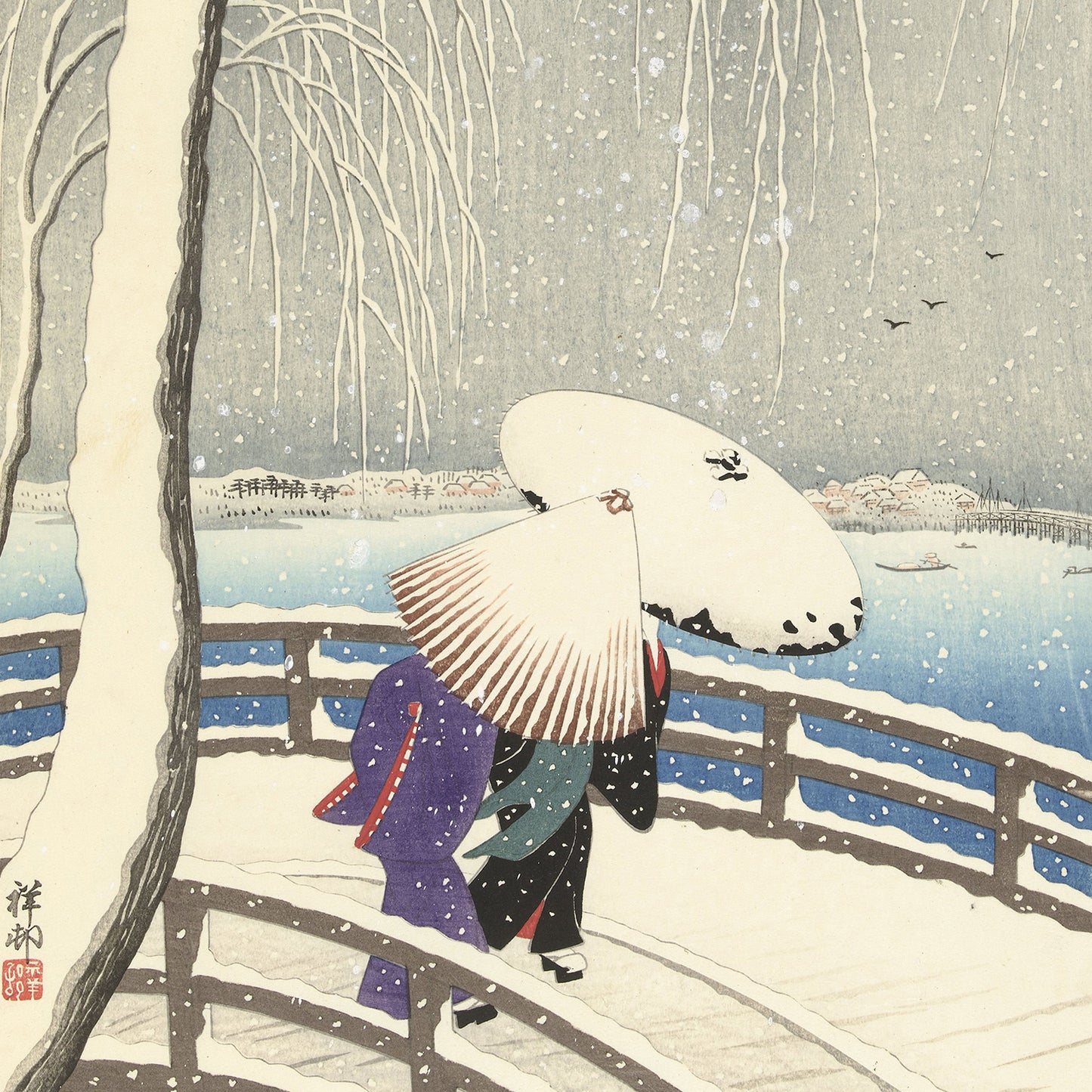 The artwork "Snow on Willow Bridge Ohara Koson" is a vintage-style illustration depicting two individuals holding umbrellas while walking on a snow-covered bridge. Snowflakes fall gently, and the serene river along with distant buildings form the tranquil background. A bare, drooping tree branch frames the left side, making it perfect for wall art.