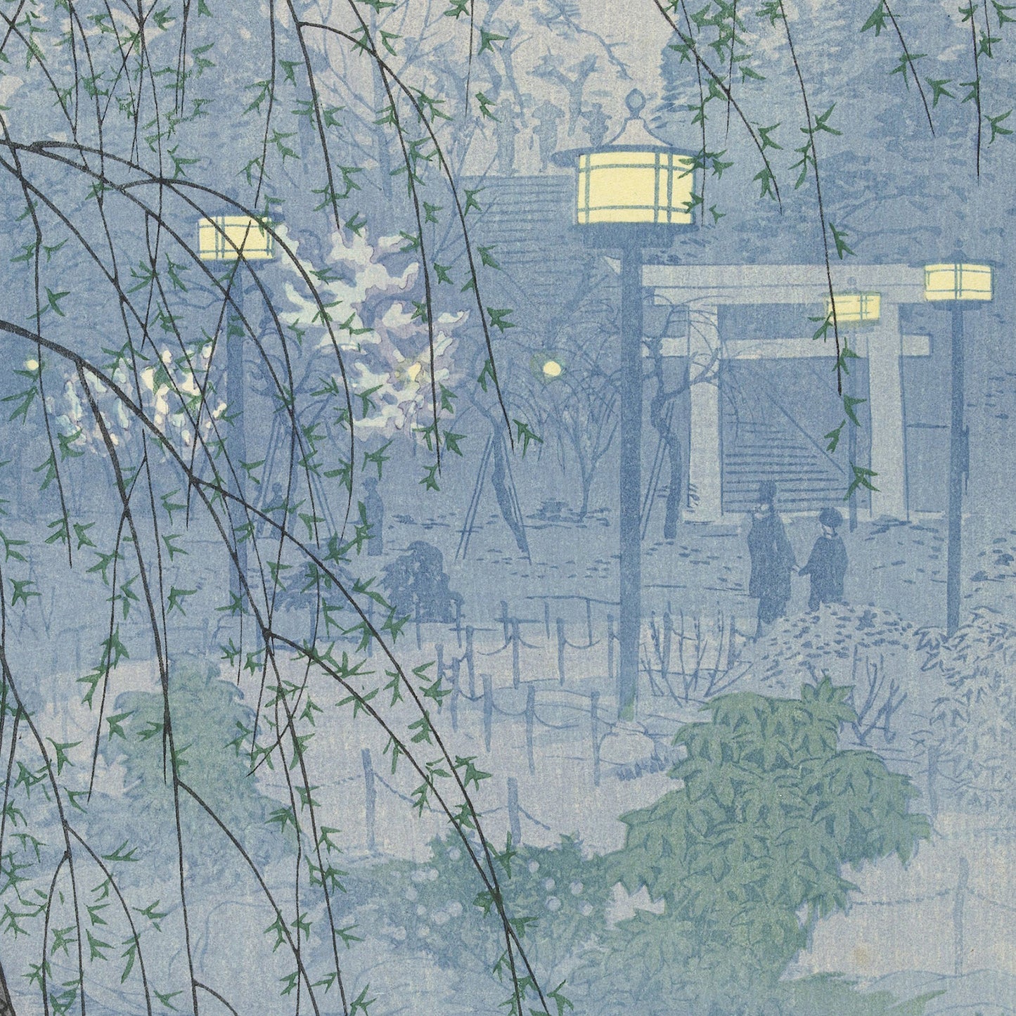 A serene illustration titled "The edge of the Shinobazu pond during a foggy evening" by Kasamatsu Shiro depicts a tranquil garden scene with glowing lanterns. Silhouetted figures stand near a structure resembling a torii gate amid lush greenery and delicate willow branches, evoking the atmosphere of Shinobazu Pond, with a pastel blue and soft gray color palette.