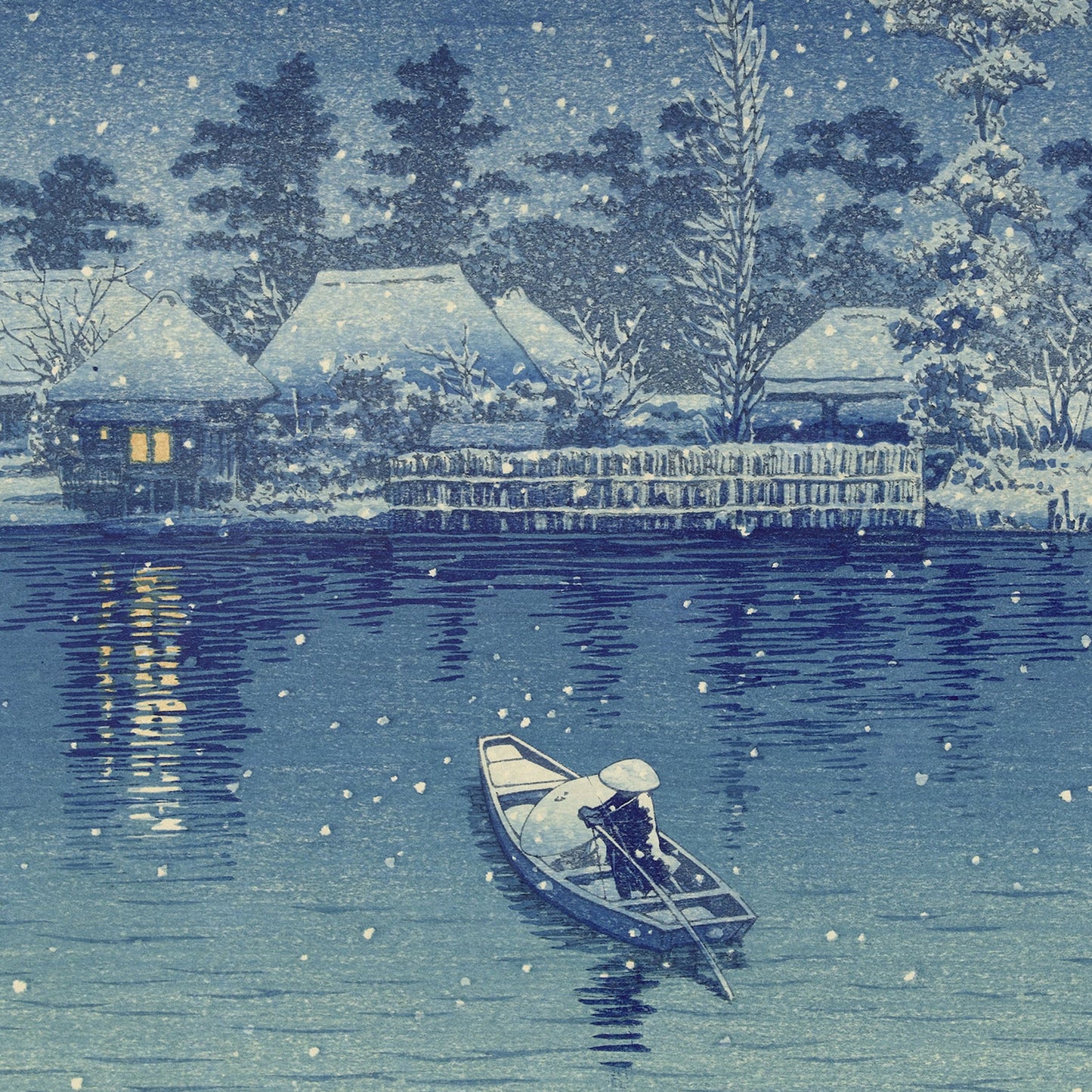 A person wearing a hat paddles a canoe through a serene, snow-covered landscape. Snowflakes gently fall on the river with traditional Japanese-style houses in the background, one illuminated with a warm, yellow light. The blue-toned scene evokes the essence of shin-hanga and bears a striking resemblance to "Ushibori" by Kawase Hasui.