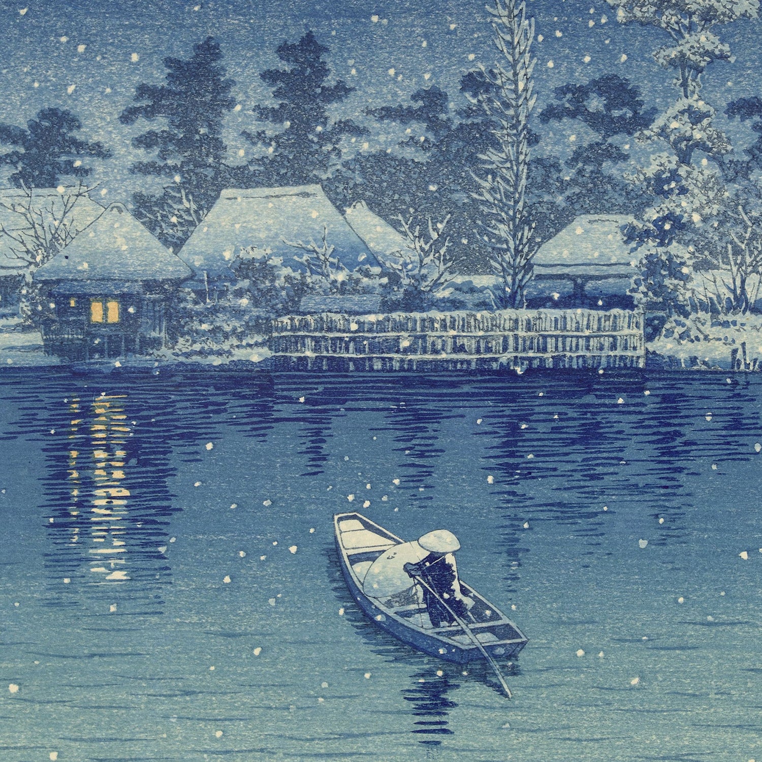 A person wearing a hat paddles a canoe through a serene, snow-covered landscape. Snowflakes gently fall on the river with traditional Japanese-style houses in the background, one illuminated with a warm, yellow light. The blue-toned scene evokes the essence of shin-hanga and bears a striking resemblance to "Ushibori" by Kawase Hasui.