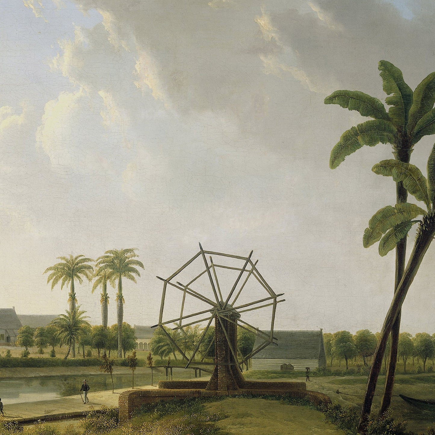 A tranquil scene unfolds in Willem de Klerk's print, "View of the Coffee Plantation Marienbosch in Surinam," depicting a large wooden waterwheel near a body of water, surrounded by lush greenery and tall palm trees that evoke the serene landscapes of Surinam. The sky is partly cloudy with distant buildings visible in the background, and a person standing near the wheel enhances the peaceful ambiance.