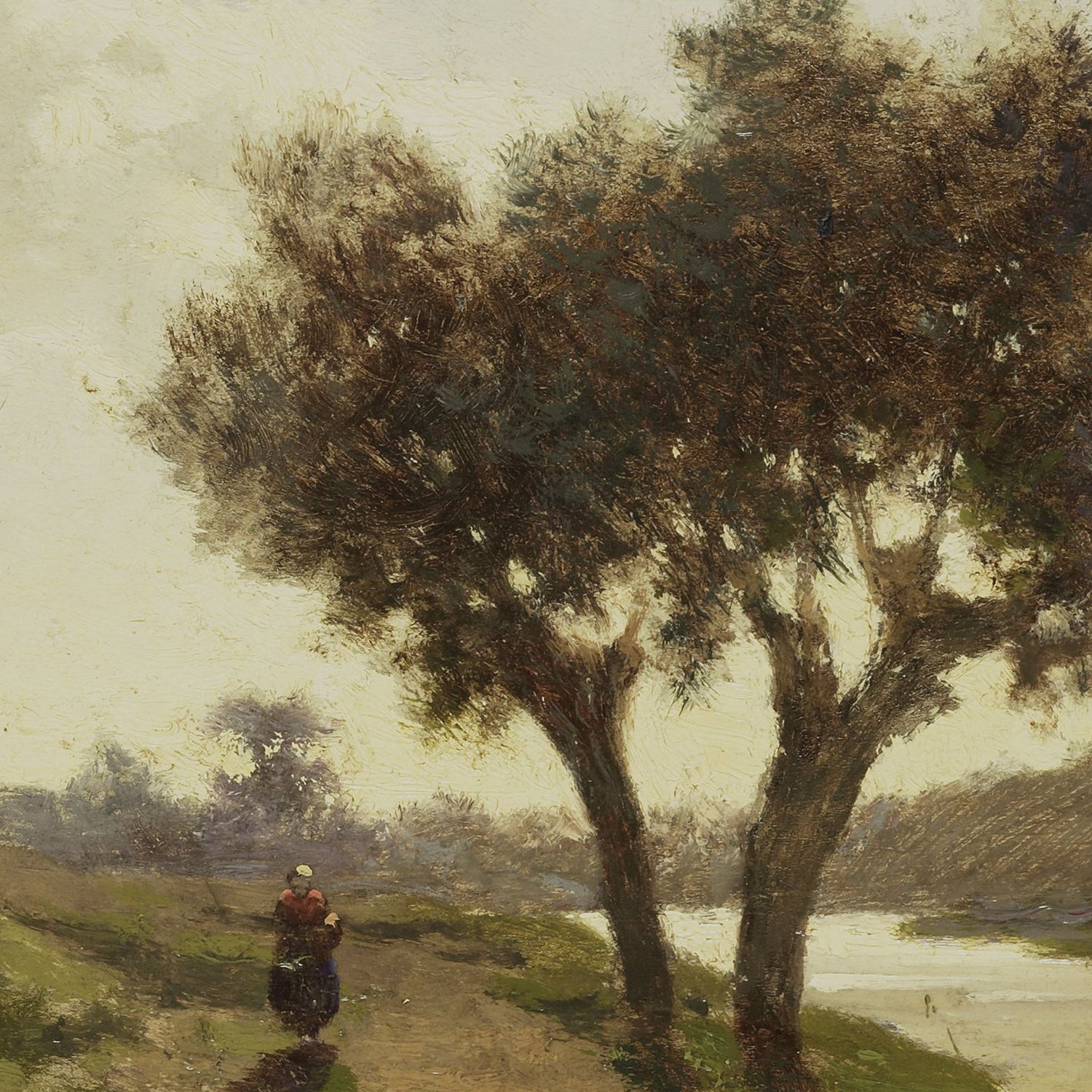 A person in a red jacket and dark skirt is walking along a dirt path by a river, flanked by two large trees. The scene is softly painted, exuding the tranquility typical of rural life art, with an overcast sky enhancing the serene atmosphere. This peaceful moment is beautifully captured in "Landscape with Two Trees" by Paul Gabriël.