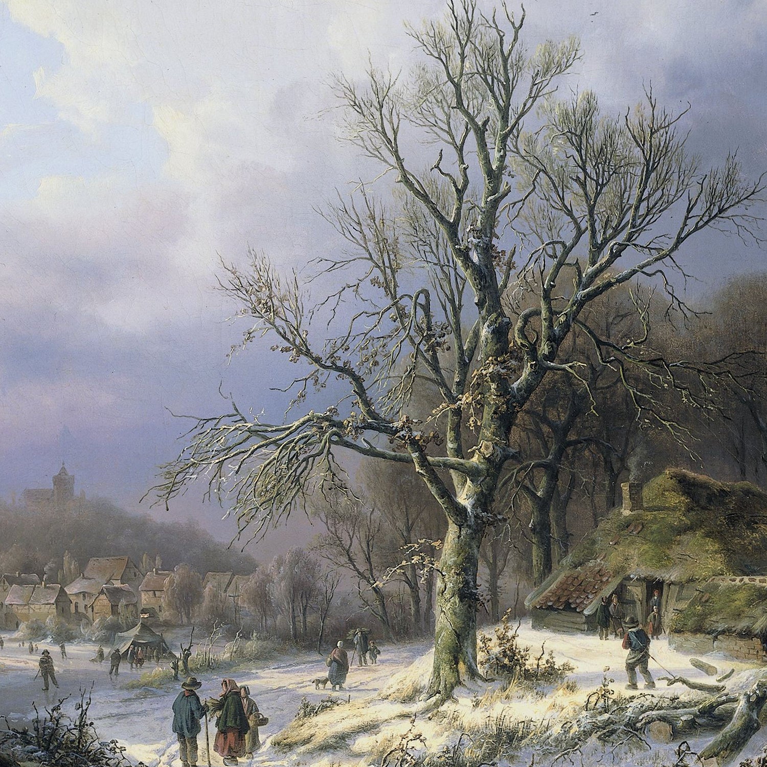 The "Snow Landscape" by Alexander Joseph Daiwaille illustrates a serene winter scene with a snow-covered landscape, featuring leafless trees and people walking and working in the snow. In the background, you can see a small village with thatched-roof houses under an overcast sky with soft, diffused light.