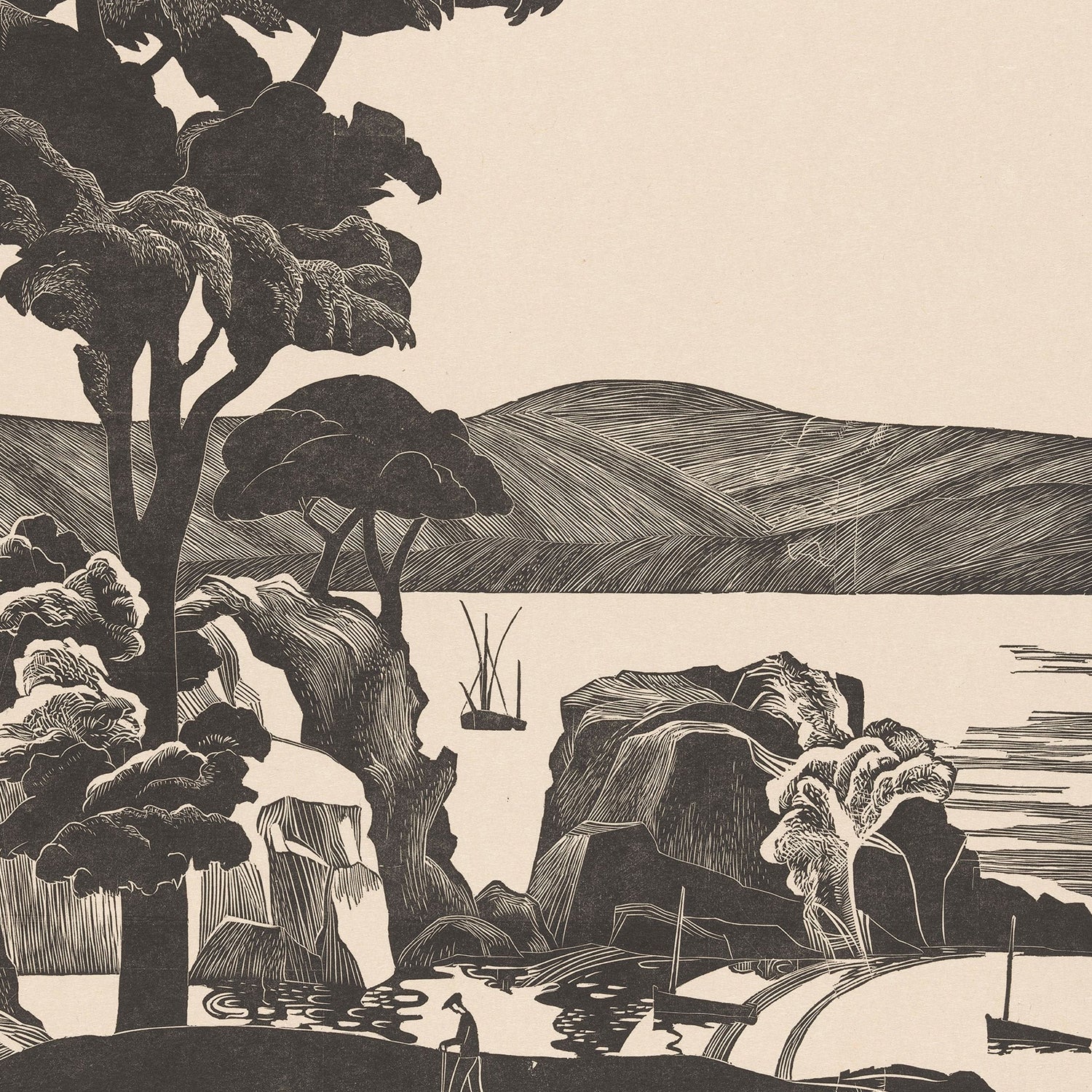 The Bernard Essers Breton Bay Trees Rocks Print portrays a serene lakeside scene. Detailed foliage of Breton Bay Trees frames the foreground, while rugged rocks and gentle waves add texture. Rowboats float near the shore, and rolling hills are visible in the distance under a clear sky—bold wall art showcasing rugged beauty.