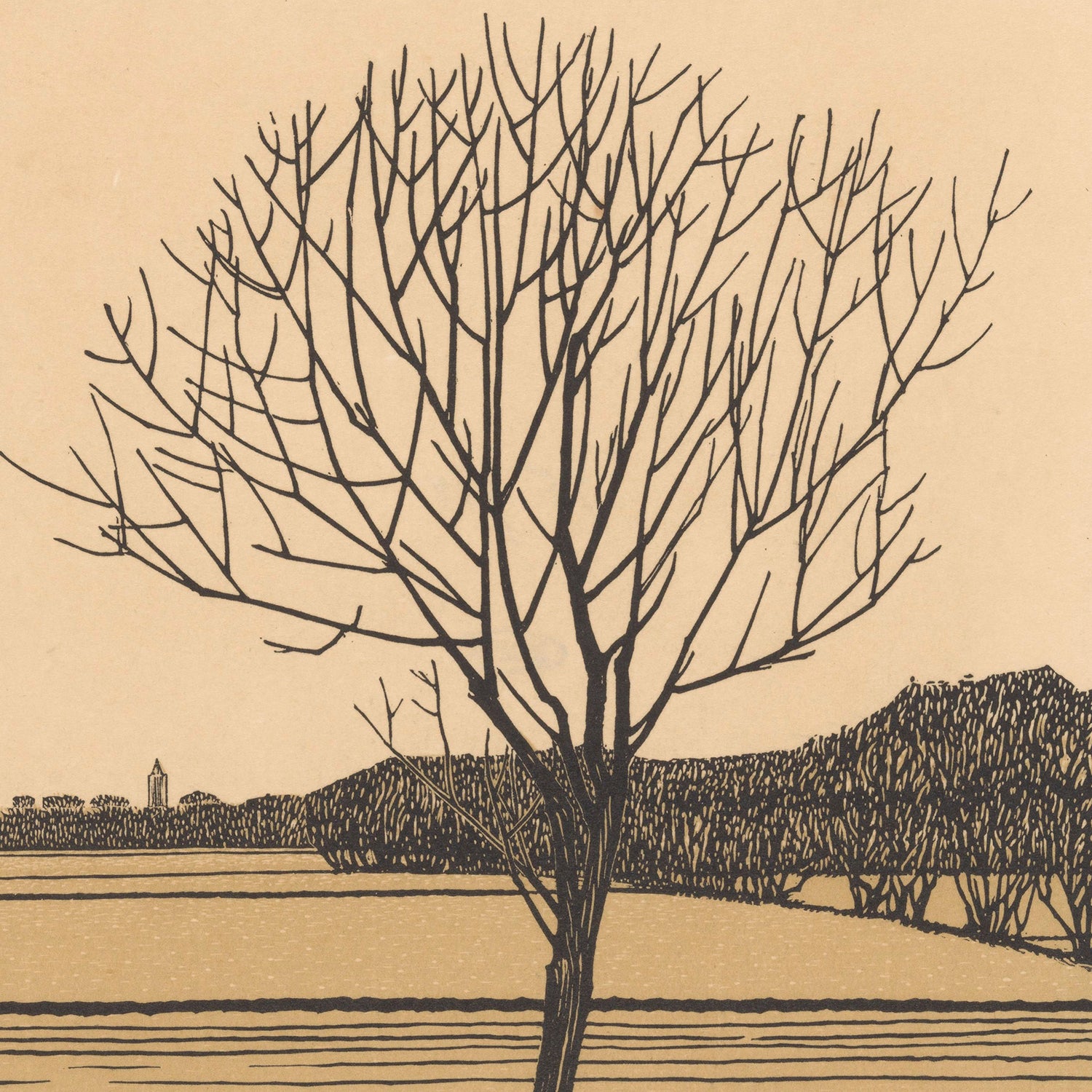 The Kale Boom Lone Tree Field by Julie De Graag features a minimalist illustration of a leafless tree centered in the foreground, with an expansive field and the silhouette of distant hills in the background. The muted beige sky gives this piece of wall art an earthy, serene feel.