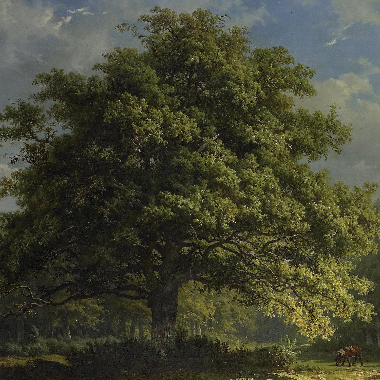 A majestic, large oak tree stands prominently in a lush Bentheim Forest landscape with dense green foliage spreading wide. Below the tree, a grazing horse adds scale to the scene. The partly cloudy sky above casts a serene light over the verdant surroundings—presenting the perfect nature wall art titled "View in Bentheim Forest by George Andries Roth.