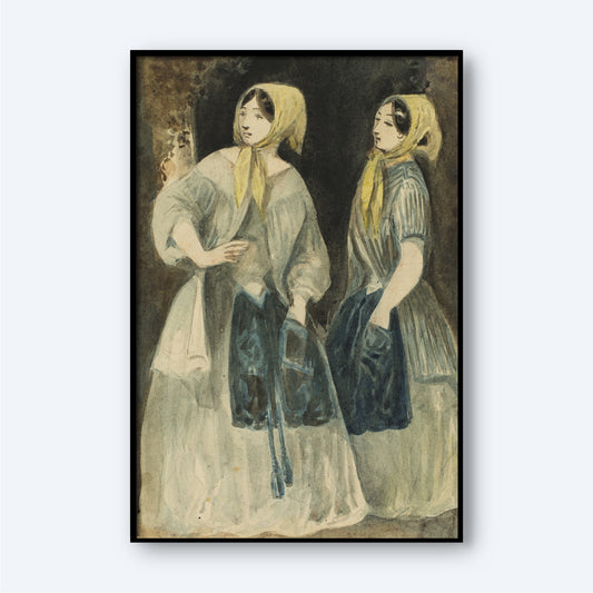 Two women stand side by side, dressed in long dresses, aprons, and yellow kerchiefs in this 19th-century illustration. They gaze off to the side with hands on their hips. The dark background highlights the figures, reminiscent of a typical Constantin Guys print. This captivating piece of wall art is titled 'Two Women in Yellow Kerchiefs by Constantin Guys.'