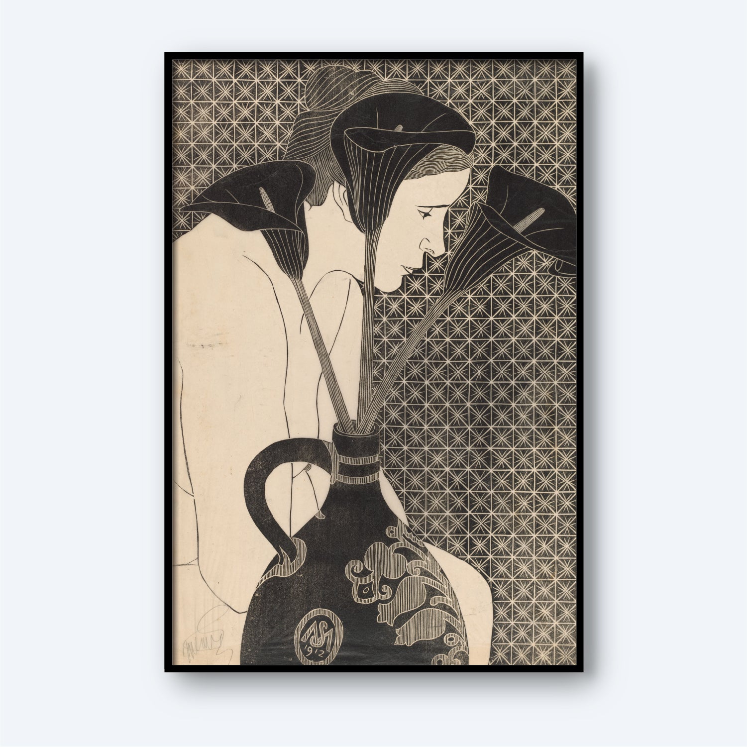 The framed artwork titled "Female Nude Behind Vase with Arum Lilies Black Arum Lilies Print" features a monochromatic drawing of a woman, her hair tied back, pensively looking downward. In the foreground, a decorative vase holds tall black Arum lilies, slightly obscuring the woman's figure. The background showcases a geometric pattern.