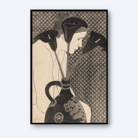 The framed artwork titled "Female Nude Behind Vase with Arum Lilies Black Arum Lilies Print" features a monochromatic drawing of a woman, her hair tied back, pensively looking downward. In the foreground, a decorative vase holds tall black Arum lilies, slightly obscuring the woman's figure. The background showcases a geometric pattern.