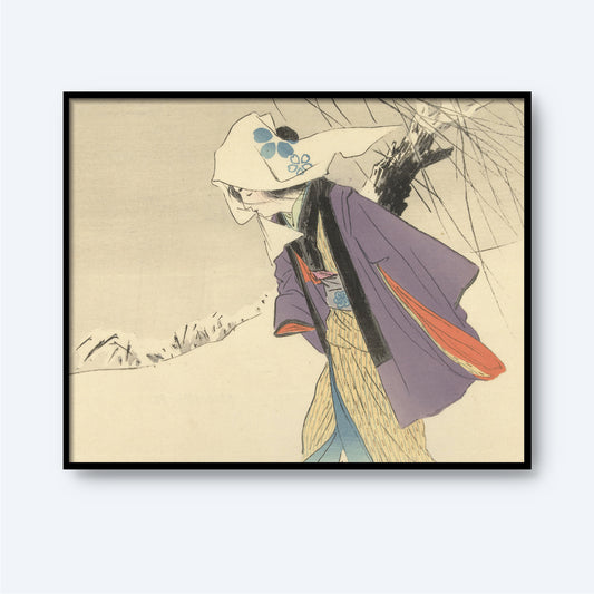 The "Woman Walking Through the Snow by Kajita Hanko" art print captures a serene scene of a woman traversing through the snowy landscape, adorned in traditional garments such as a patterned kimono and a hat accented with blue decorations. She holds an umbrella and carries a bow, set against a tranquil backdrop of snow-covered mountains. The image is elegantly framed in black.