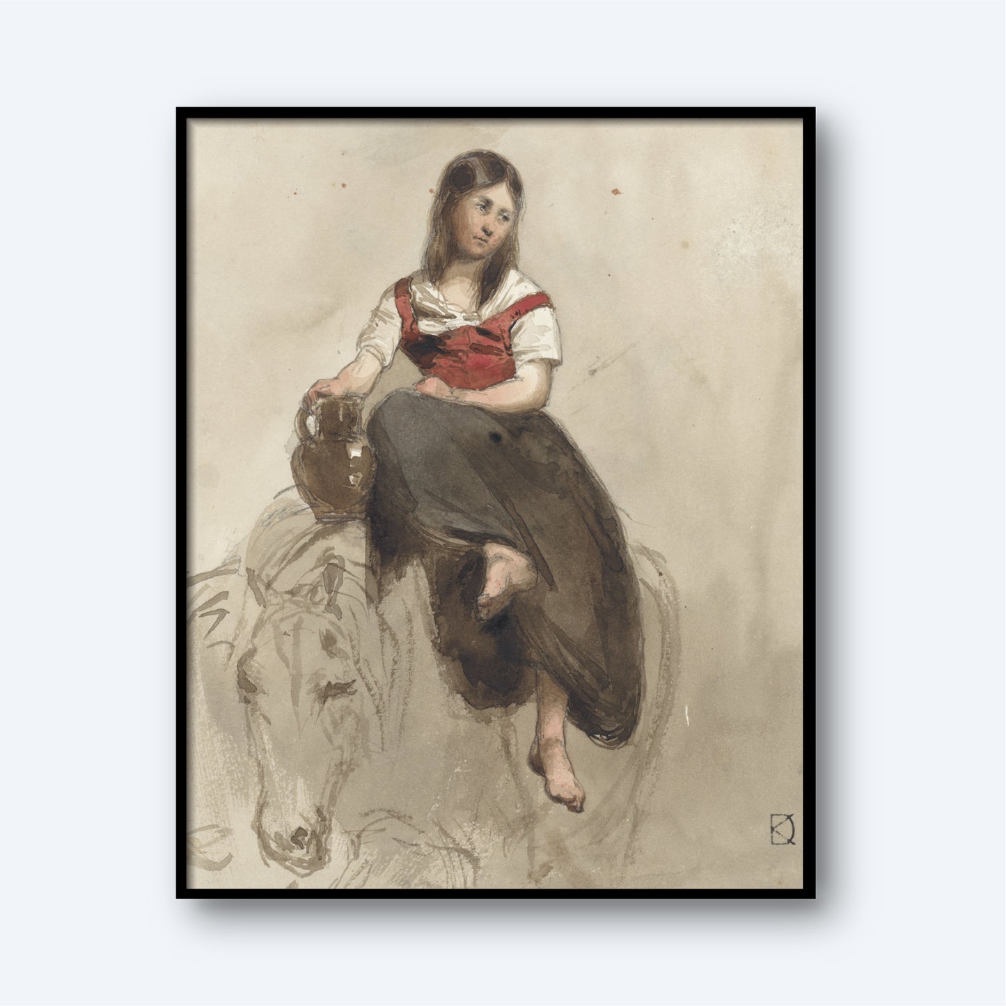 The "Woman Seated on a Horse with a Jug Print" portrays a young girl barefoot and resting, wearing a red and white top with a dark skirt. She sits holding a jug, her serene figure accompanied by the faint sketch of an animal, possibly a horse, underneath her. This rustic image is beautifully framed with a black border, exuding timeless charm.