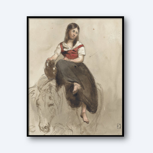 The "Woman Seated on a Horse with a Jug Print" portrays a young girl barefoot and resting, wearing a red and white top with a dark skirt. She sits holding a jug, her serene figure accompanied by the faint sketch of an animal, possibly a horse, underneath her. This rustic image is beautifully framed with a black border, exuding timeless charm.