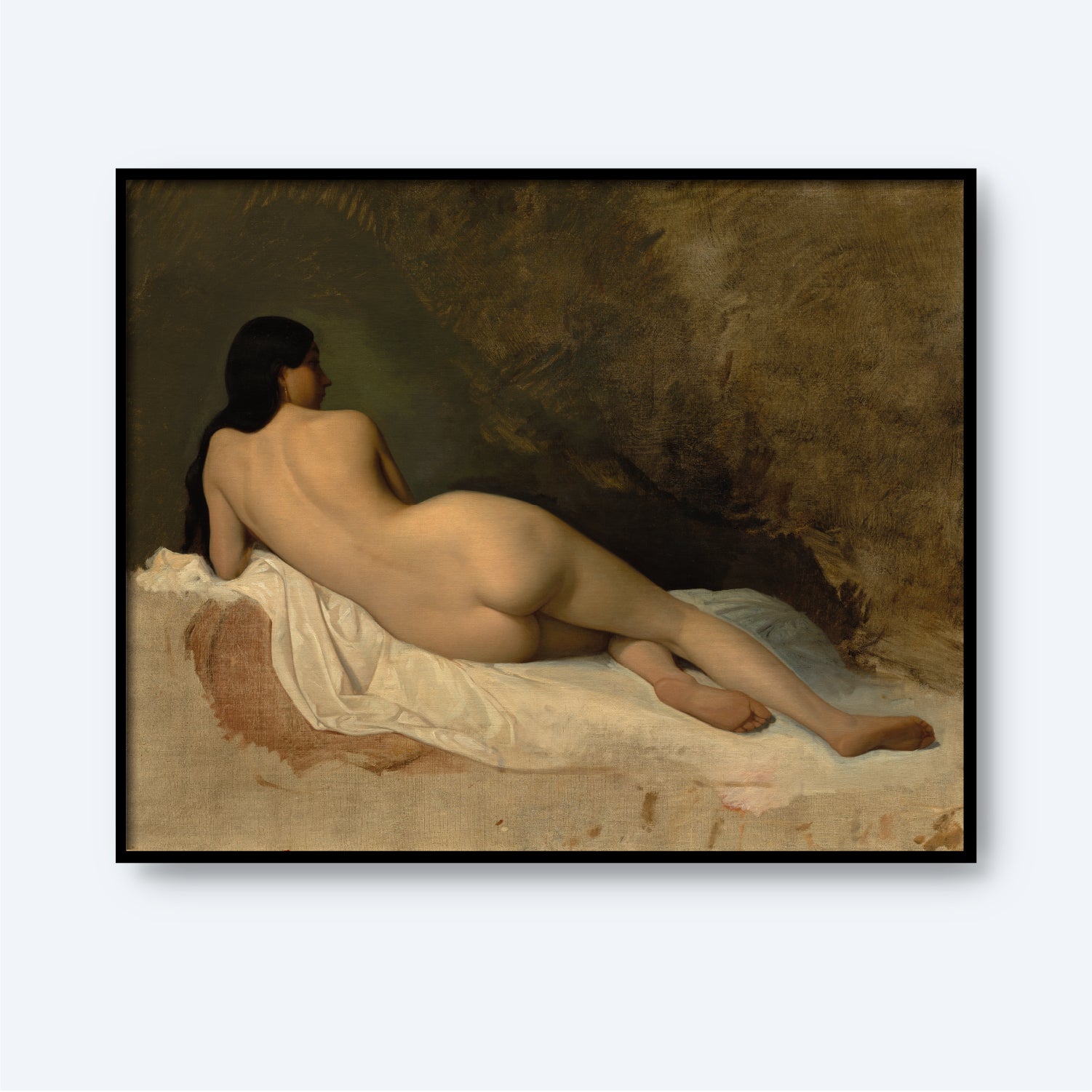 A high-quality print of Isidore Pils' "Study of a Reclining Nude" features a nude woman with long dark hair lying on her side on a bed draped with white sheets, her back facing the viewer. The earthy brown tones of the background create a serene and intimate atmosphere, capturing the essence of Pils' original work.