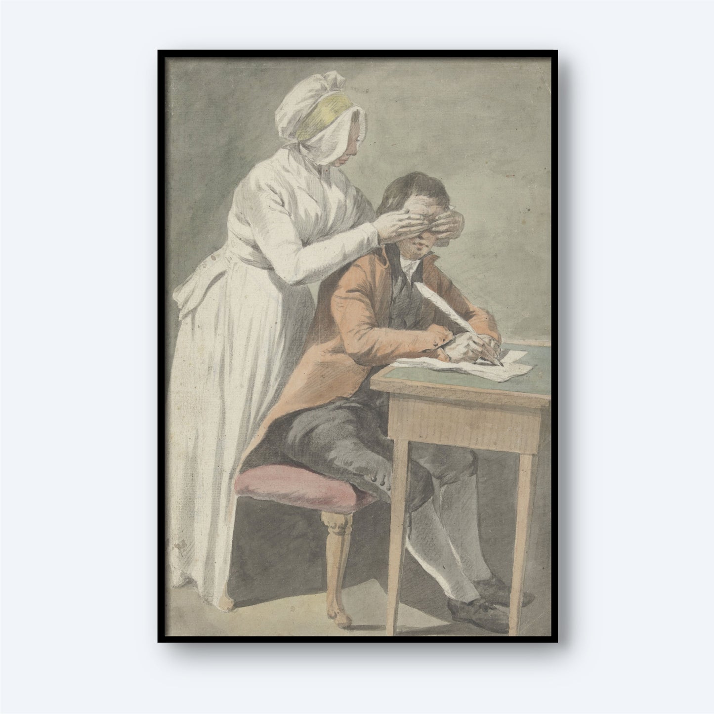 The "Girl covers the eyes of a young man by Etienne Jeaurat Print" features a woman in a white dress and bonnet playfully obscuring the vision of a man who is writing at a wooden desk. The man, dressed in 18th-century attire including a brown coat, sits on a pink cushioned chair, embodying the charm of French wall art.