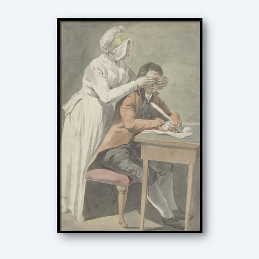 The "Girl covers the eyes of a young man by Etienne Jeaurat Print" features a woman in a white dress and bonnet playfully obscuring the vision of a man who is writing at a wooden desk. The man, dressed in 18th-century attire including a brown coat, sits on a pink cushioned chair, embodying the charm of French wall art.