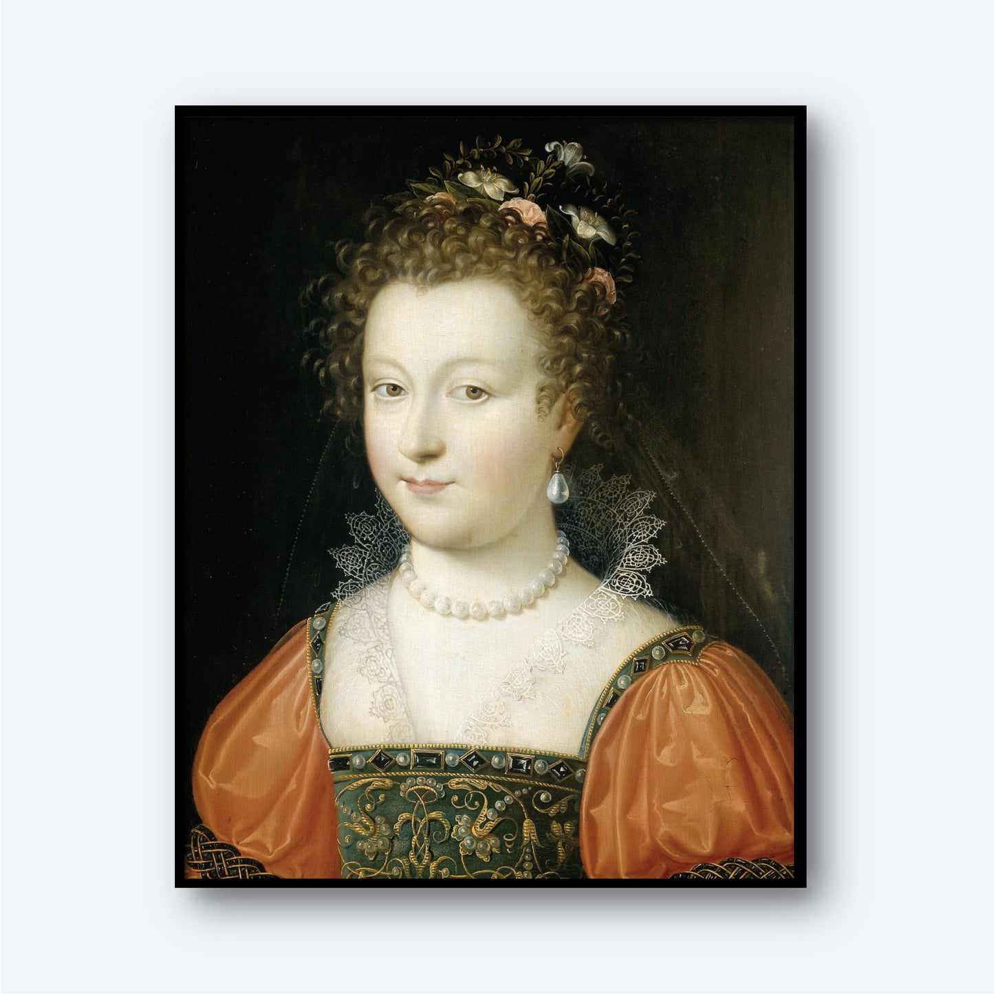 A historical portrait of a woman with curly hair adorned with a floral headpiece. She wears an ornate dress featuring lace trim and puffy sleeves and a pearl necklace with matching earrings. The dark background accentuates her well-lit face and attire, reminiscent of Renaissance wall art—this piece is known as the "Portrait of a Woman previously identified as Queen Elizabeth I.