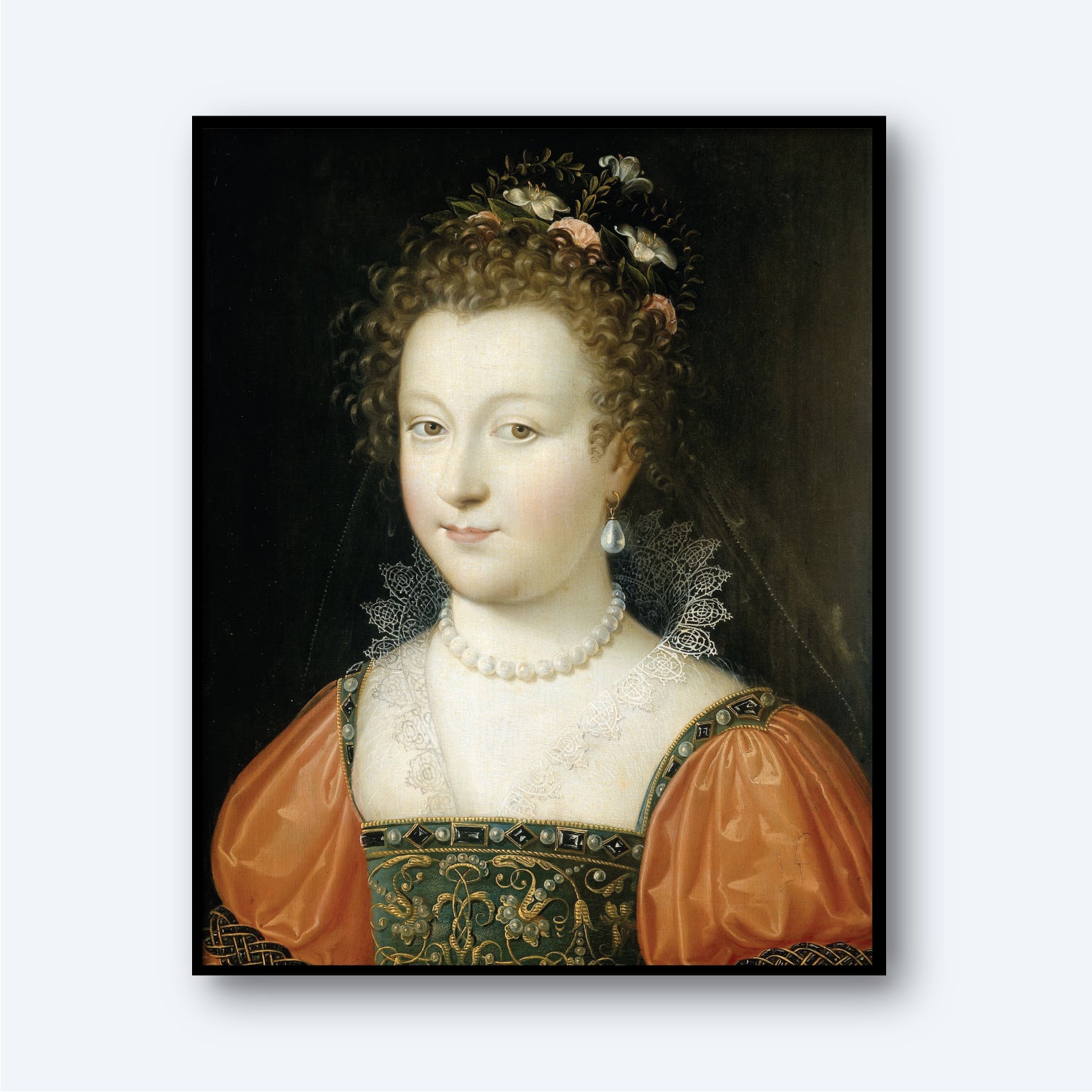 A historical portrait of a woman with curly hair adorned with a floral headpiece. She wears an ornate dress featuring lace trim and puffy sleeves and a pearl necklace with matching earrings. The dark background accentuates her well-lit face and attire, reminiscent of Renaissance wall art—this piece is known as the "Portrait of a Woman previously identified as Queen Elizabeth I.