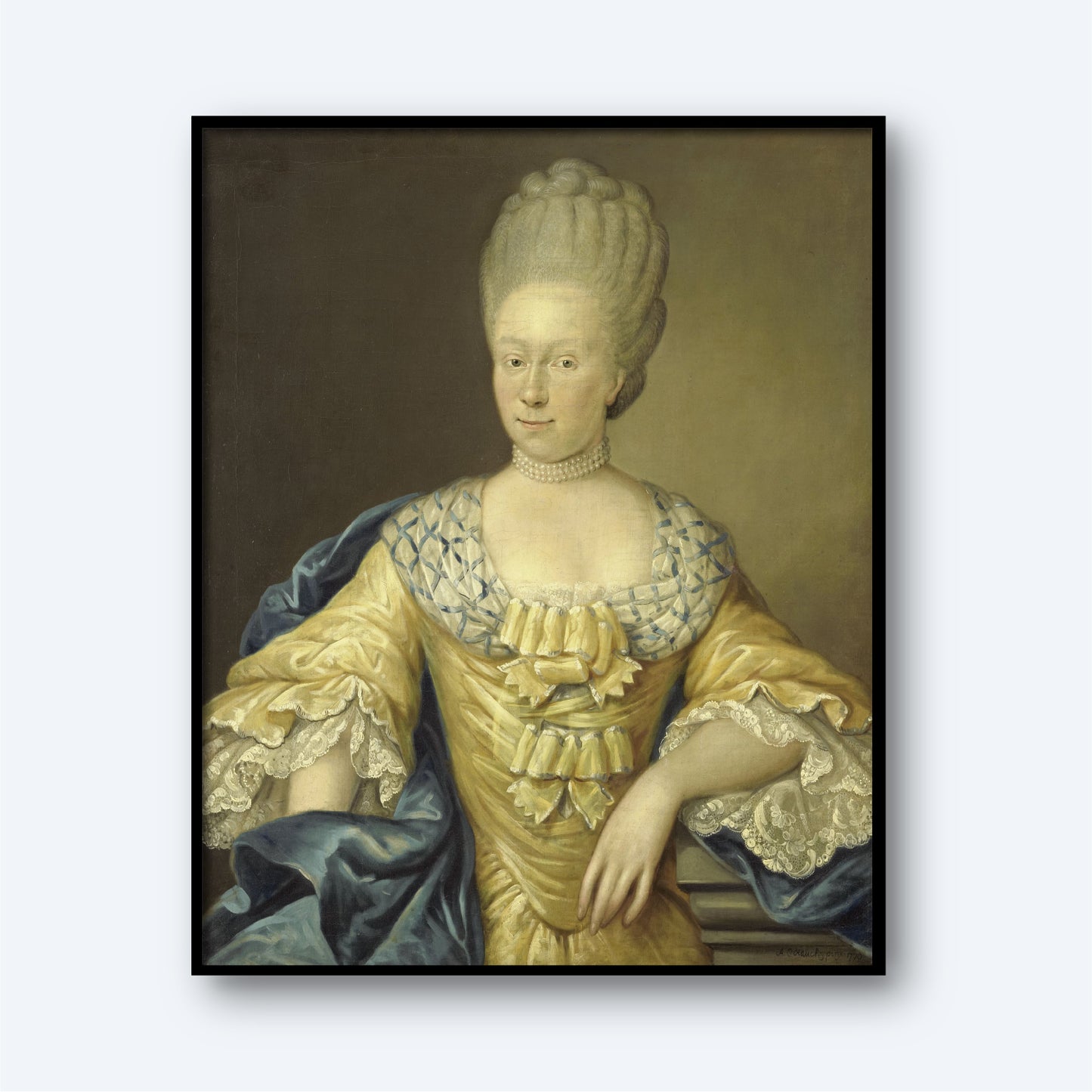 The Hauck Portrait Adriana Van Heusden depicts a person from the 18th century in formal attire. They have a tall, elaborate powdered wig and are dressed in an ornate yellow gown with a blue shawl draped over their shoulders, featuring intricate lace details. The plain background draws attention to the subject's dignified pose, reminiscent of 17th-century portraiture.